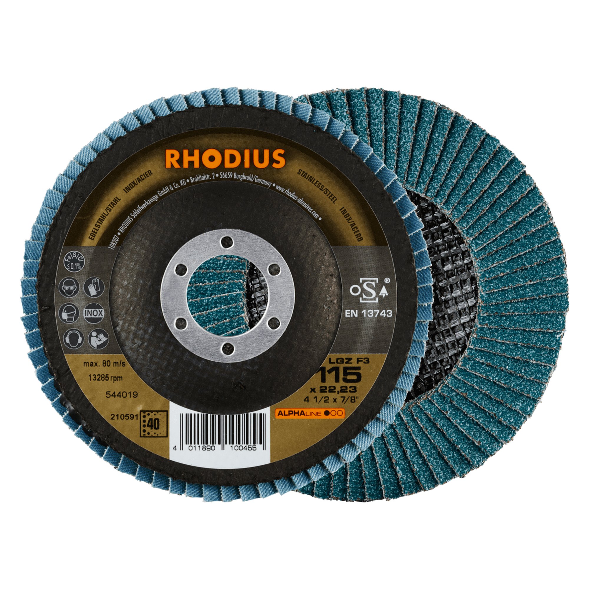 10 x RHODIUS Fächerschleifscheibe Fächerscheibe LGZ F3 Ø 125 mm Korn 40