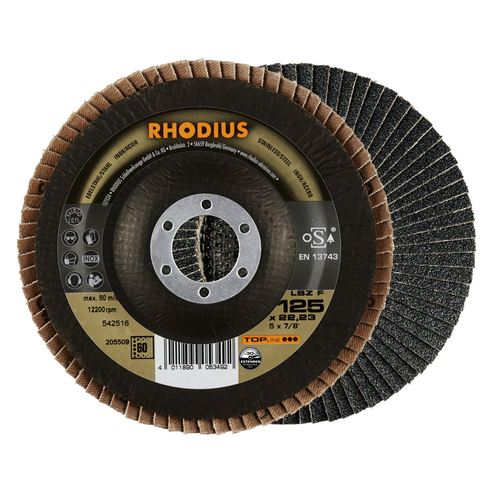 10 x RHODIUS Fächerschleifscheibe Fächerscheibe LSZ F Ø 125 mm Korn 60