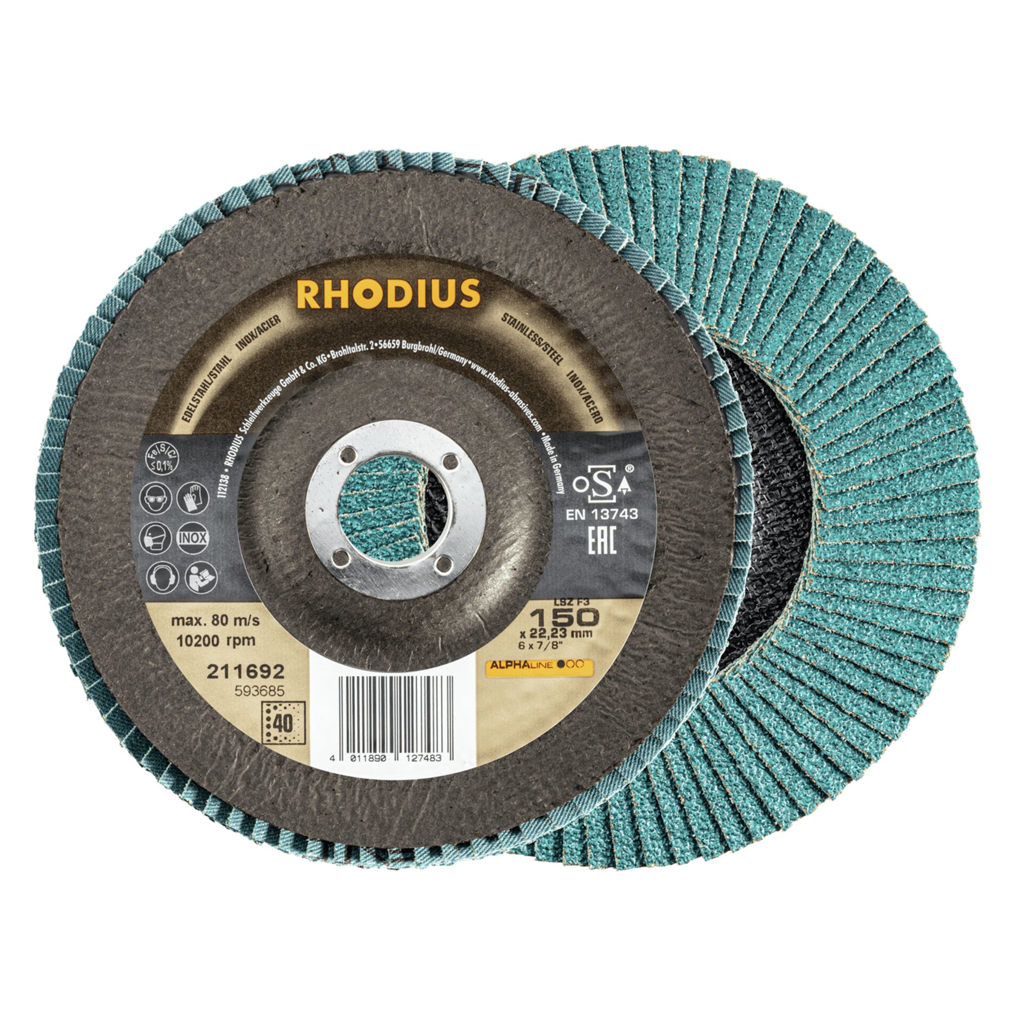 10 x RHODIUS Fächerschleifscheibe Fächerscheibe LSZ F3 Ø 150 mm Korn 60