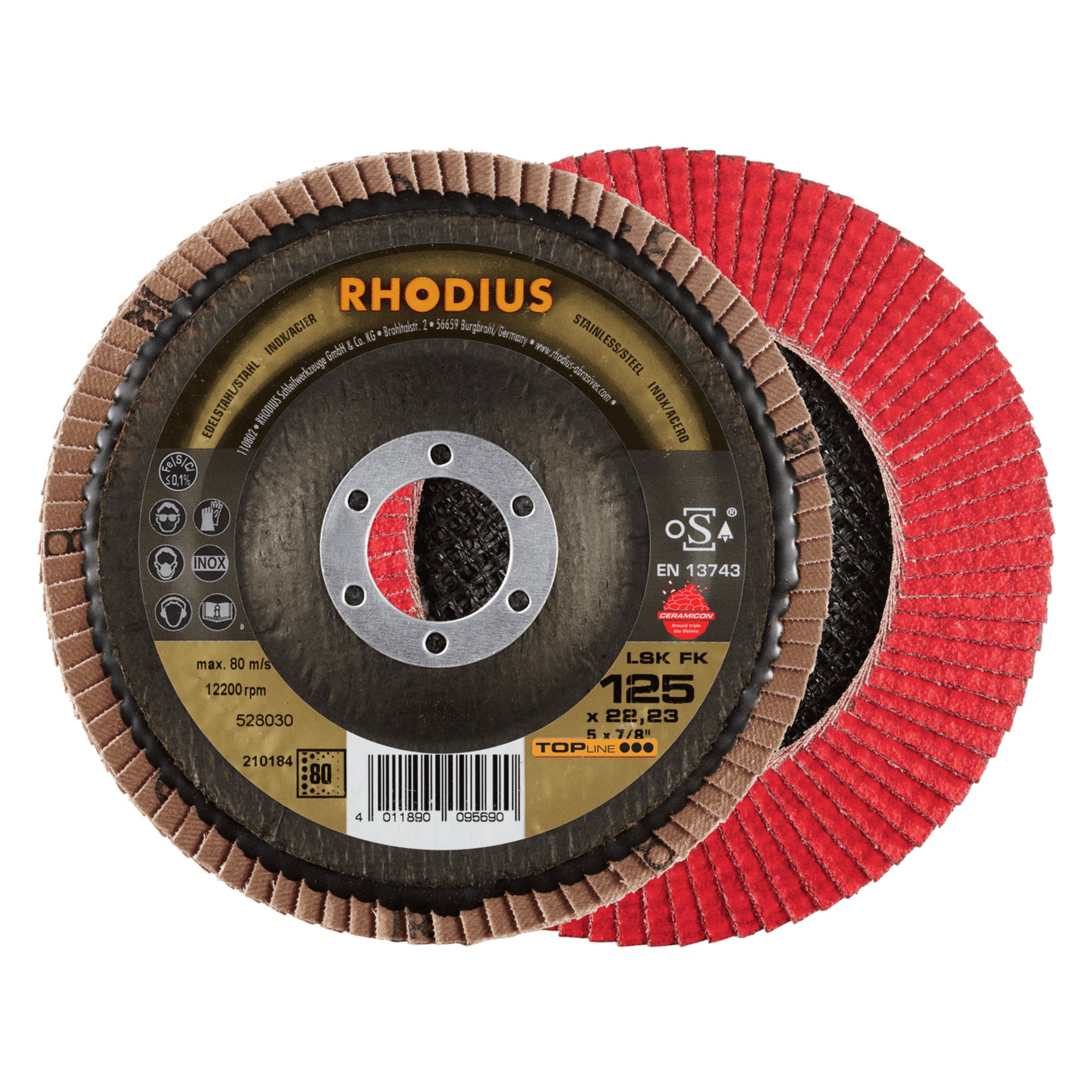 10 x RHODIUS Fächerschleifscheibe Fächerscheibe LSK FK Ø 125 mm Korn 80