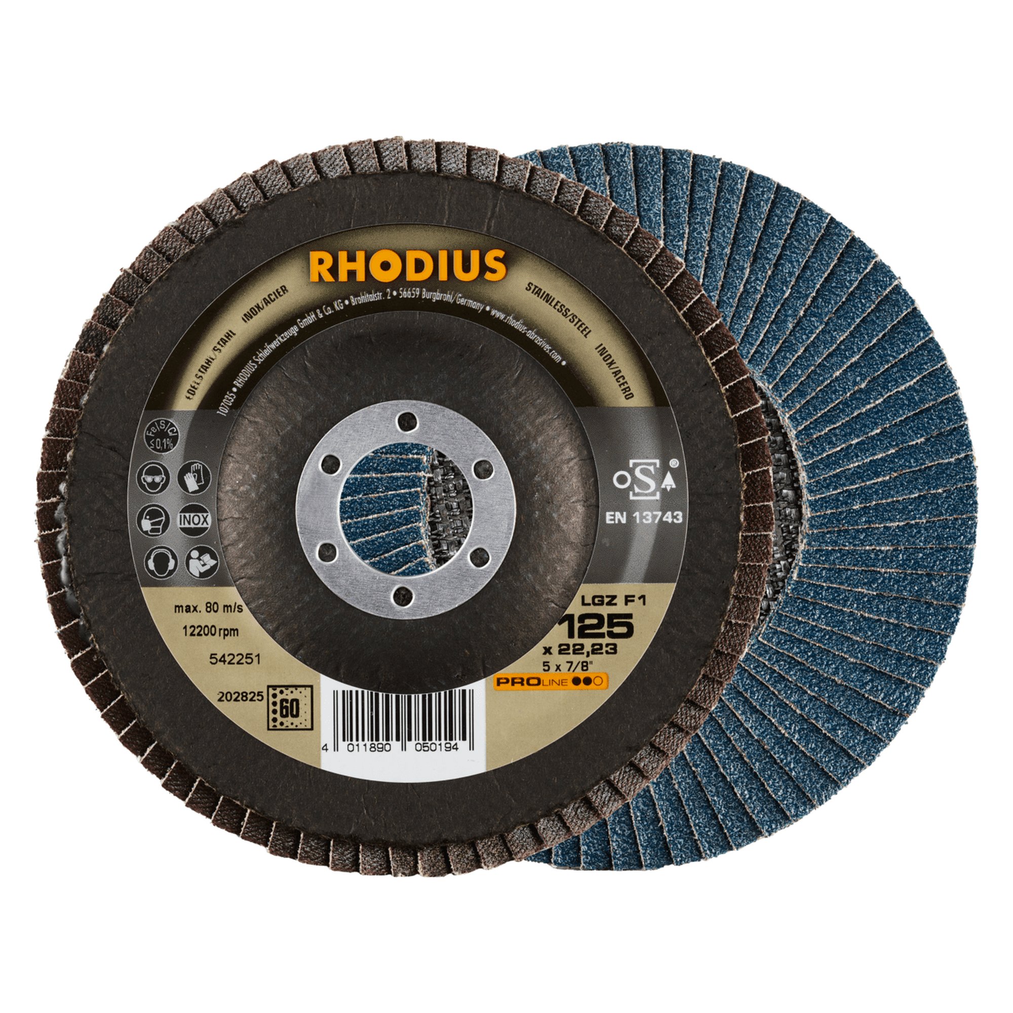 10 x RHODIUS Fächerschleifscheibe Fächerscheibe LGZ F1 Ø 125 mm Korn 60