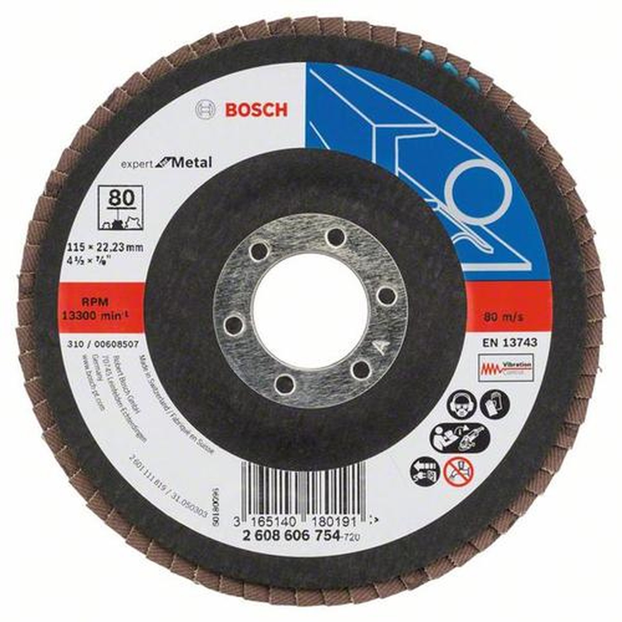 10x BOSCH Fächerschleifscheibe X551 Expert für Metall, gewinkelt, Ø 115 mm, 80, Glasgewebe