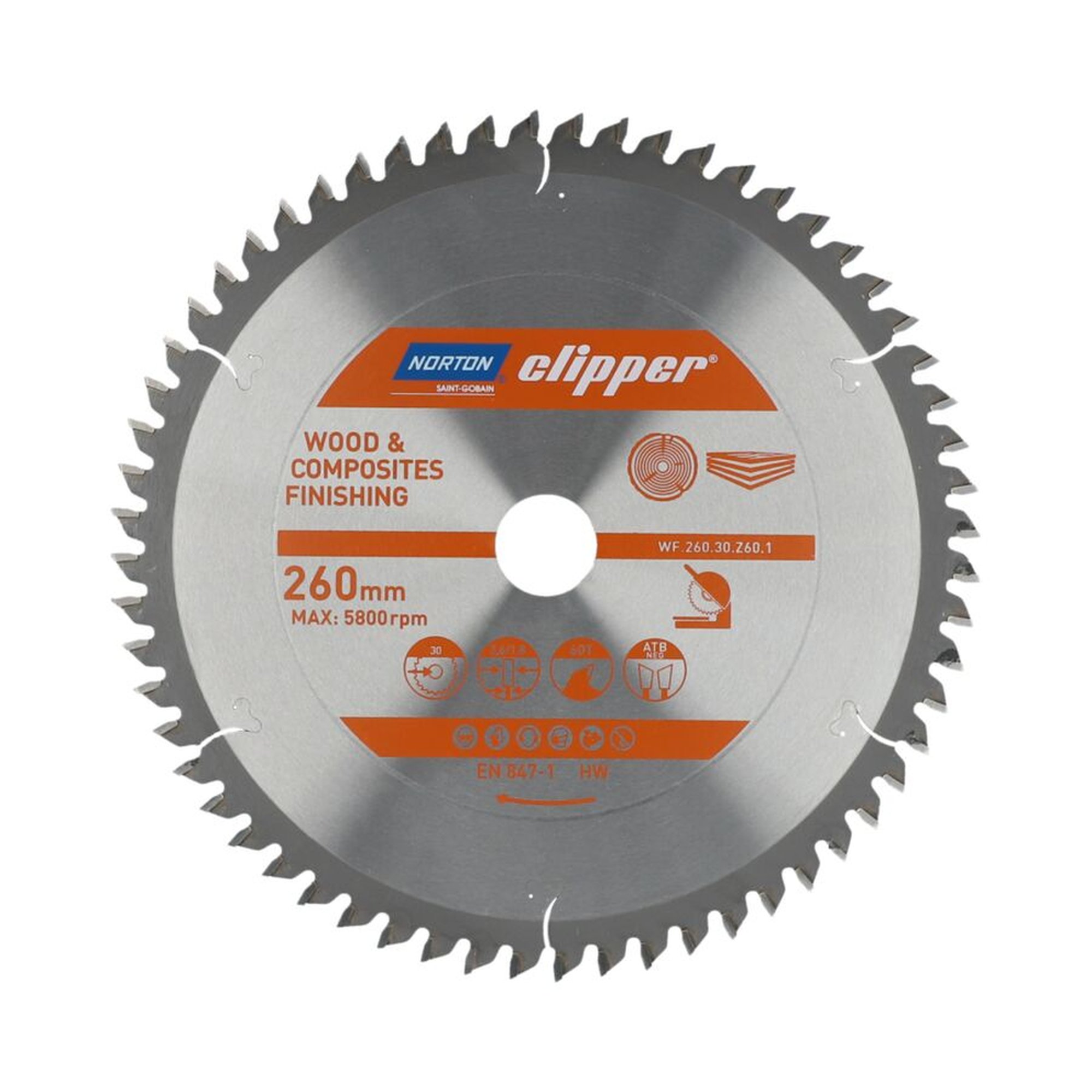 Norton Clipper TCT-Sägeblatt 260x2.6mm für Holzveredelung, 30mm Bohrung