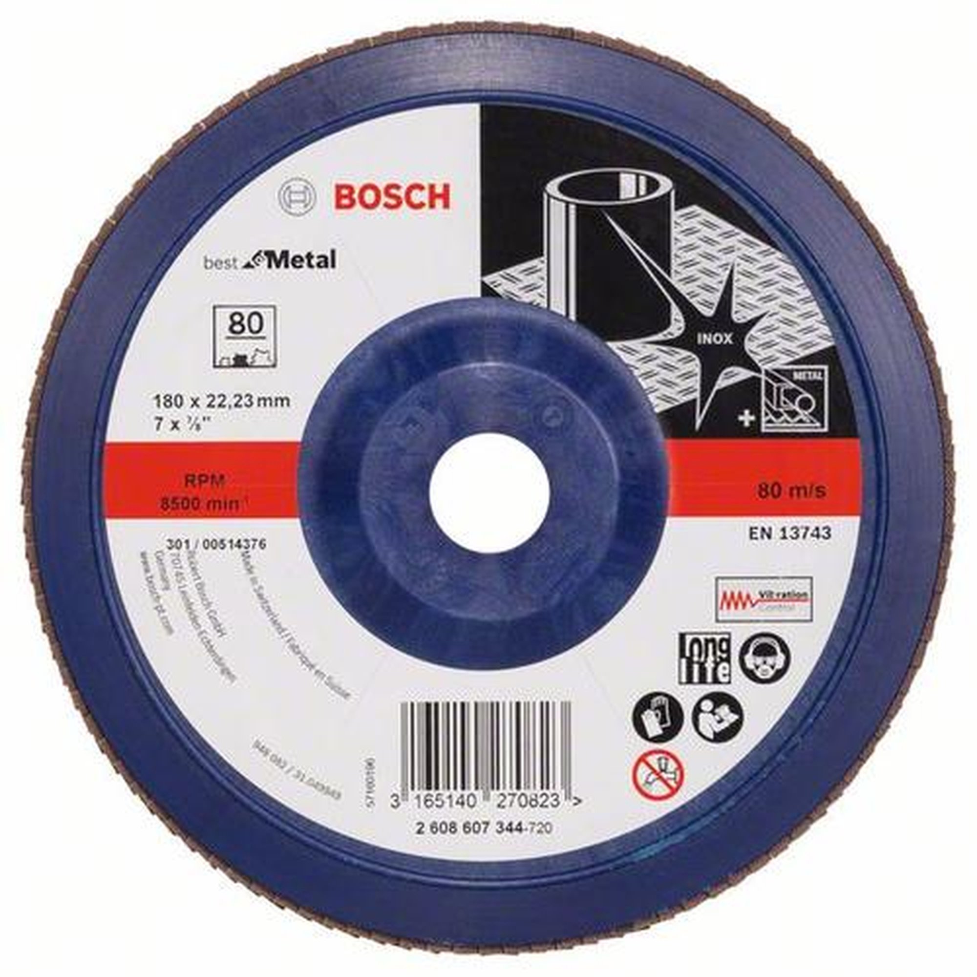 10x BOSCH Fächerschleifscheibe X571 Best für Metall, gerade, Ø 180 mm, 80, Kunststoff