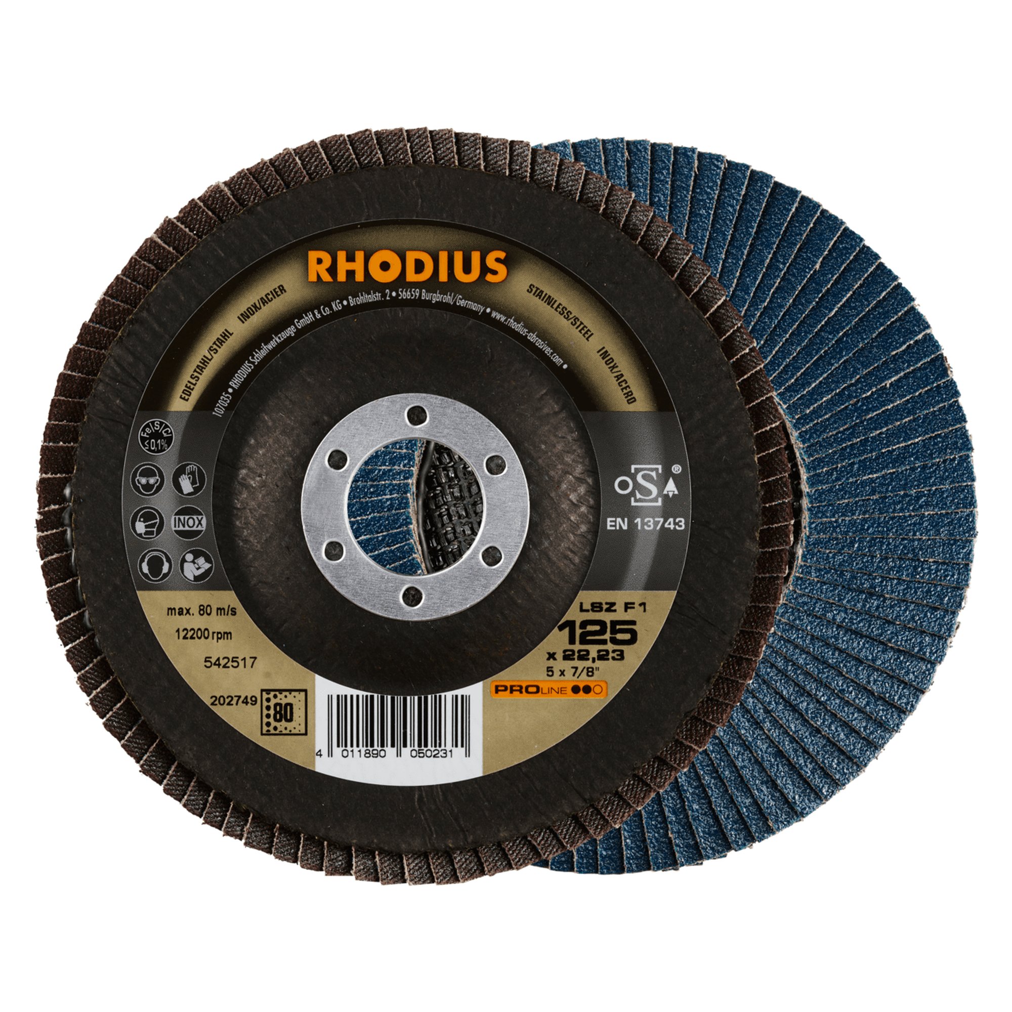 10 x RHODIUS Fächerschleifscheibe Fächerscheibe LSZ F1 Ø 125 mm Korn 80