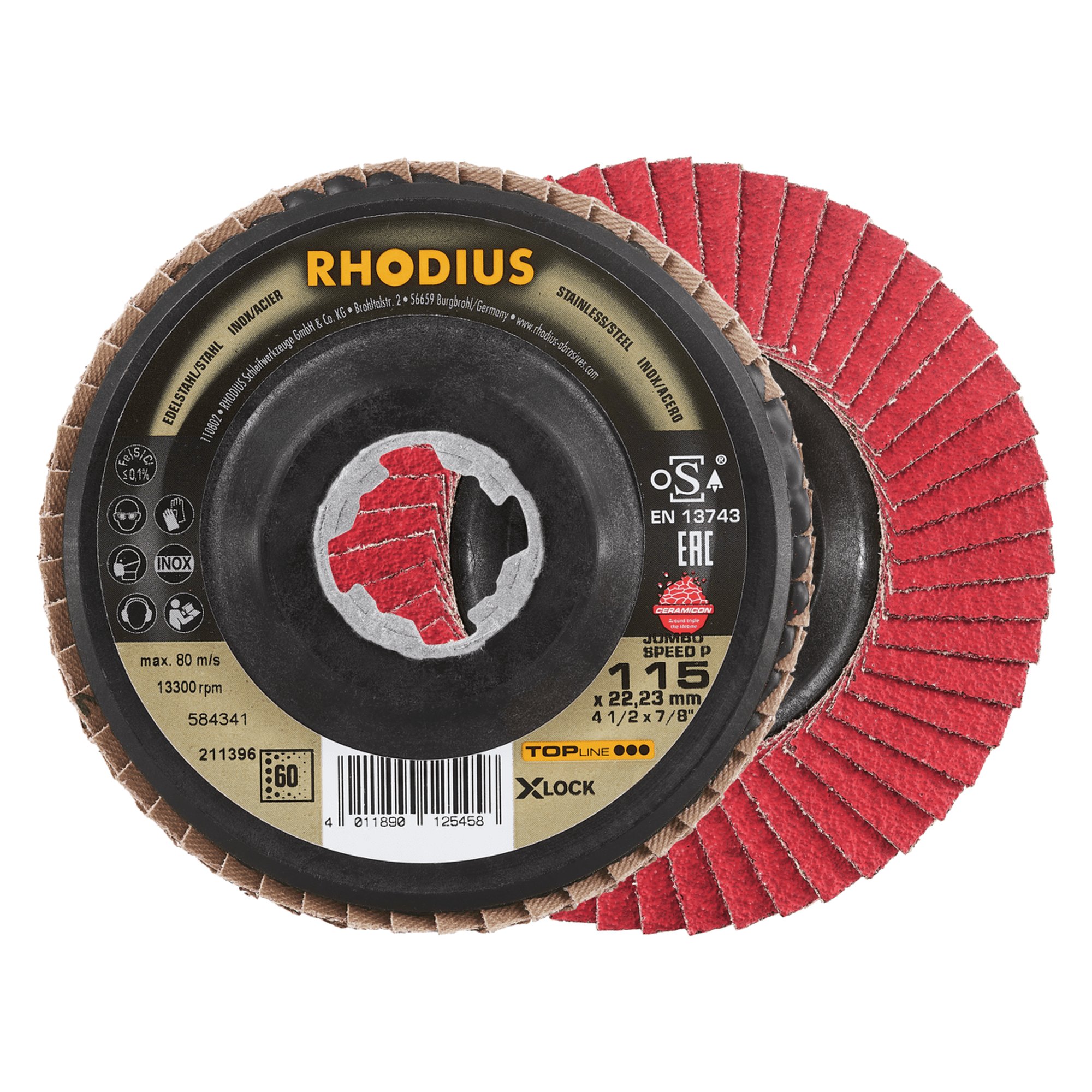 10 x RHODIUS Fächerschleifscheibe Fächerscheibe  SPEED P X-LOCK Ø 115 mm Korn 60