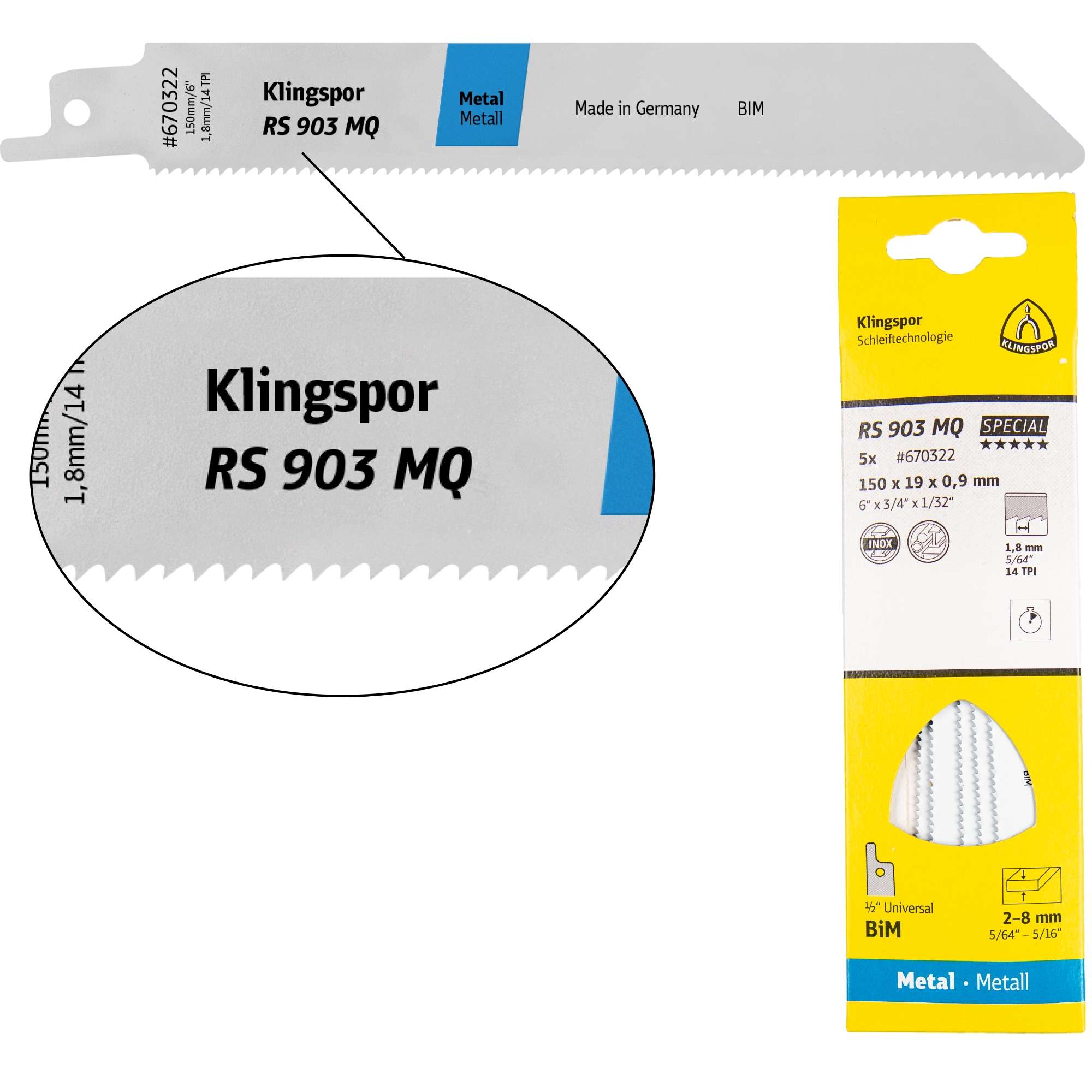 5 x Klingspor RS 903 MQ Säbelsägeblätter 150 x 19 x 0,9 mm Nutzlänge 130Bi-Metall gefräst, geschränkt, 14 Zähne pro Zoll