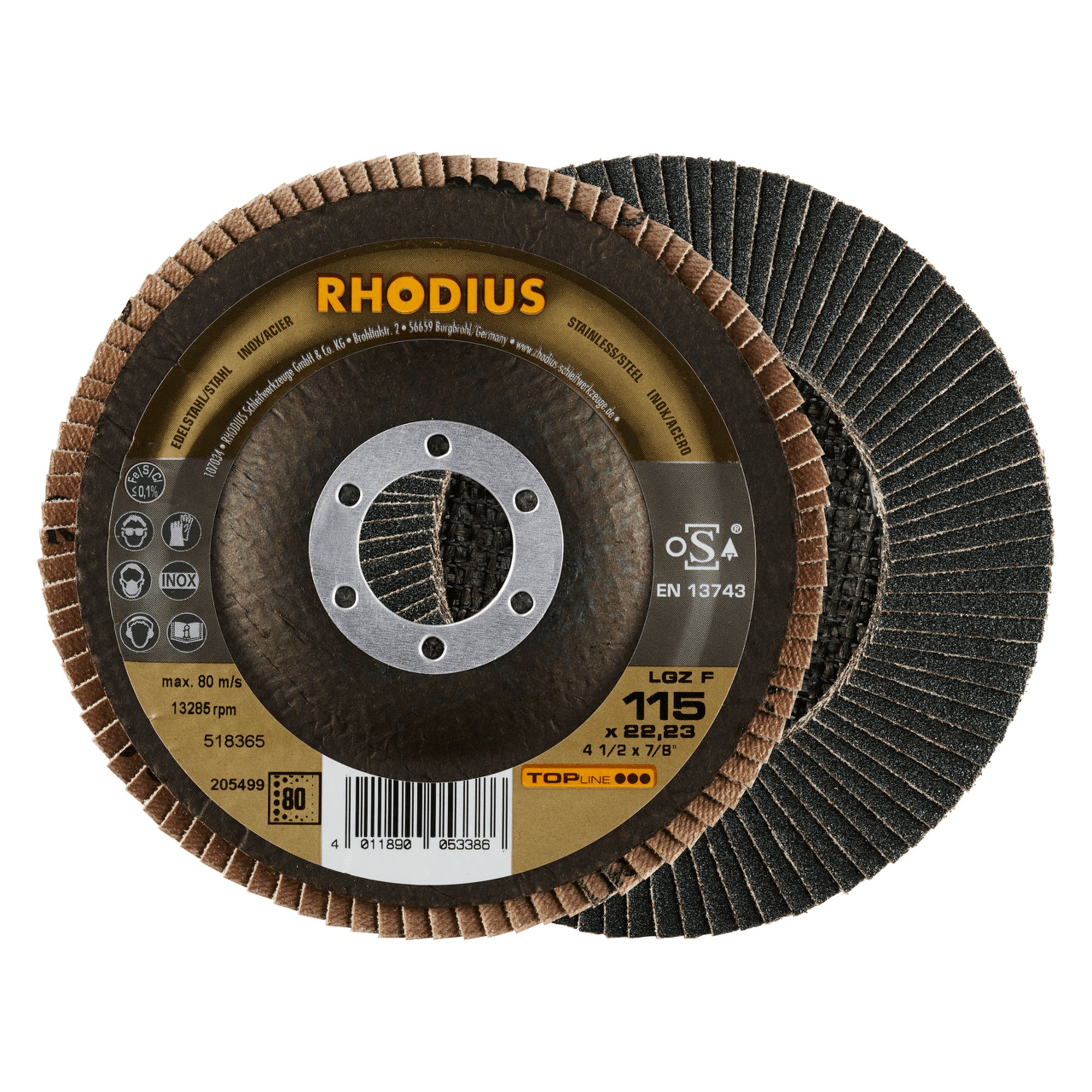 10 x RHODIUS Fächerschleifscheibe Fächerscheibe LGZ F Ø 115 mm Korn 80