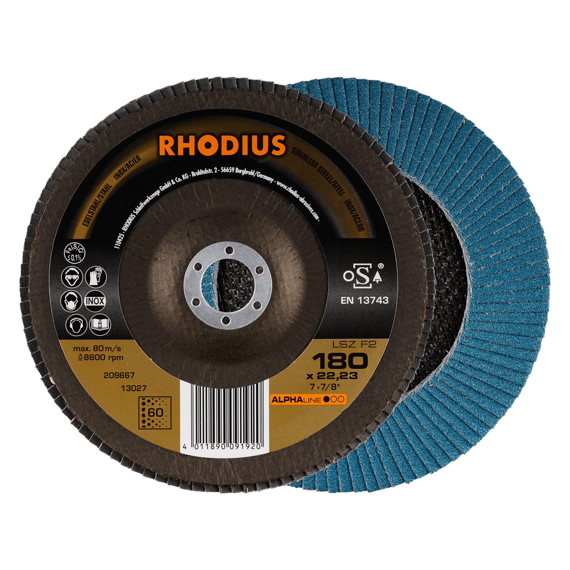 10 x RHODIUS Fächerschleifscheibe Fächerscheibe LSZ F2 Ø 180 mm Korn 60