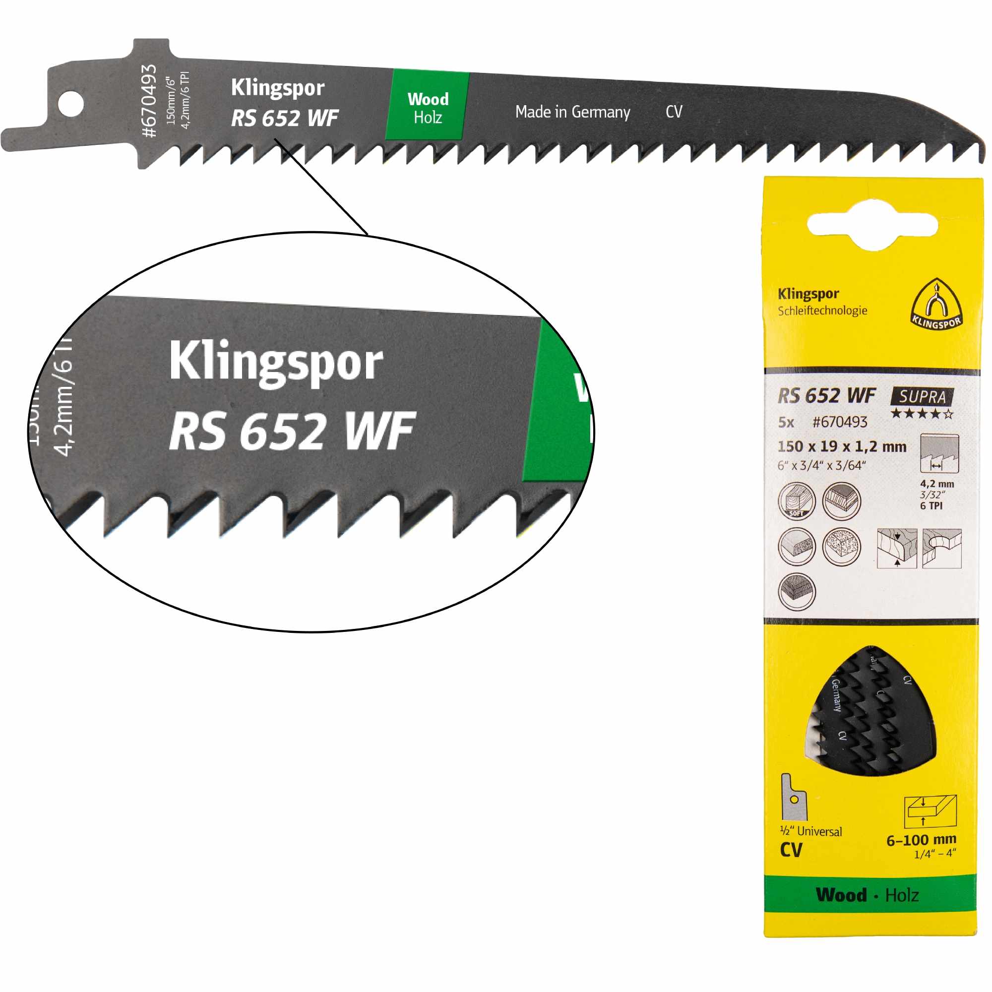 5 x Klingspor RS 652 WF Säbelsägeblätter 150 x 19 x 1,2 mm Nutzlänge 130Crom-Vanadium gefräst, geschränkt, 6 Zähne pro Zoll