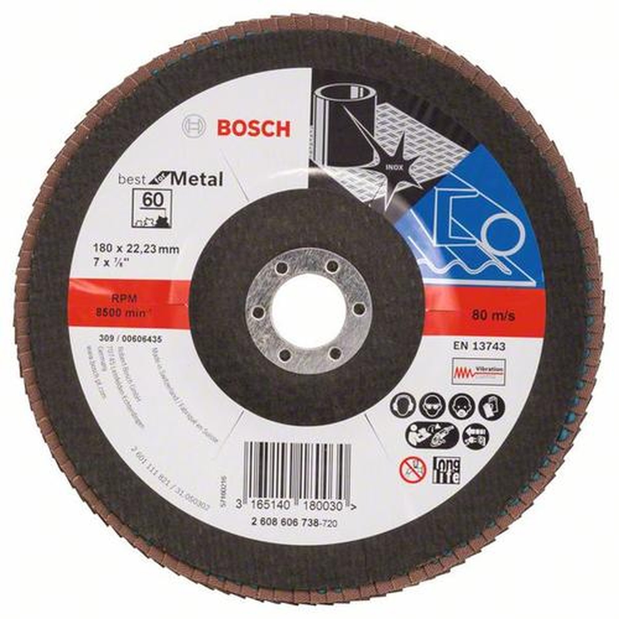 10x BOSCH Fächerschleifscheibe X571 Best für Metall, gewinkelt, Ø 180 mm, 60, Glasgewebe