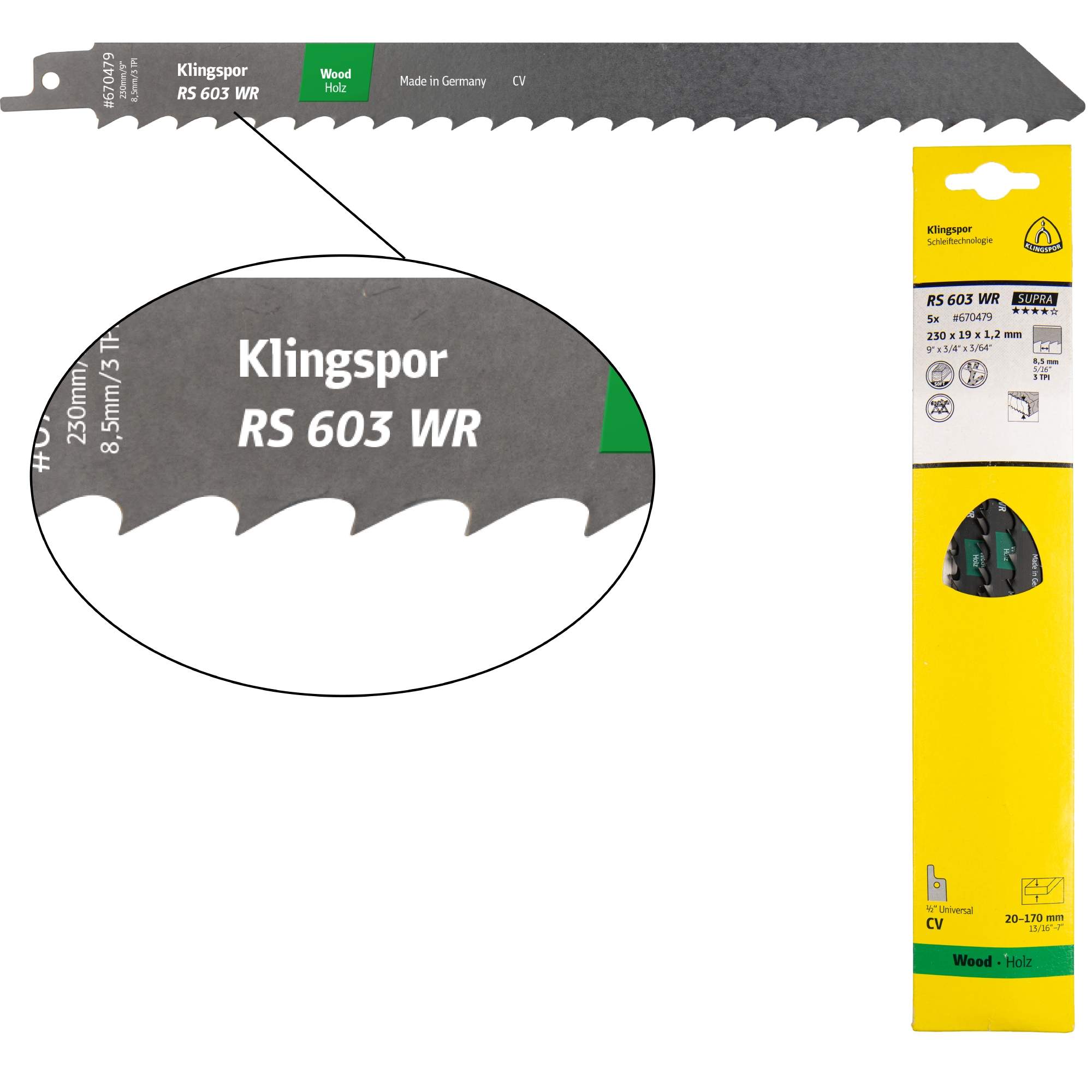5 x Klingspor RS 603 WR Säbelsägeblätter 300 x 19 x 1,2 mm Nutzlänge 280Crom-Vanadium gefräst, geschränkt, 3 Zähne pro Zoll