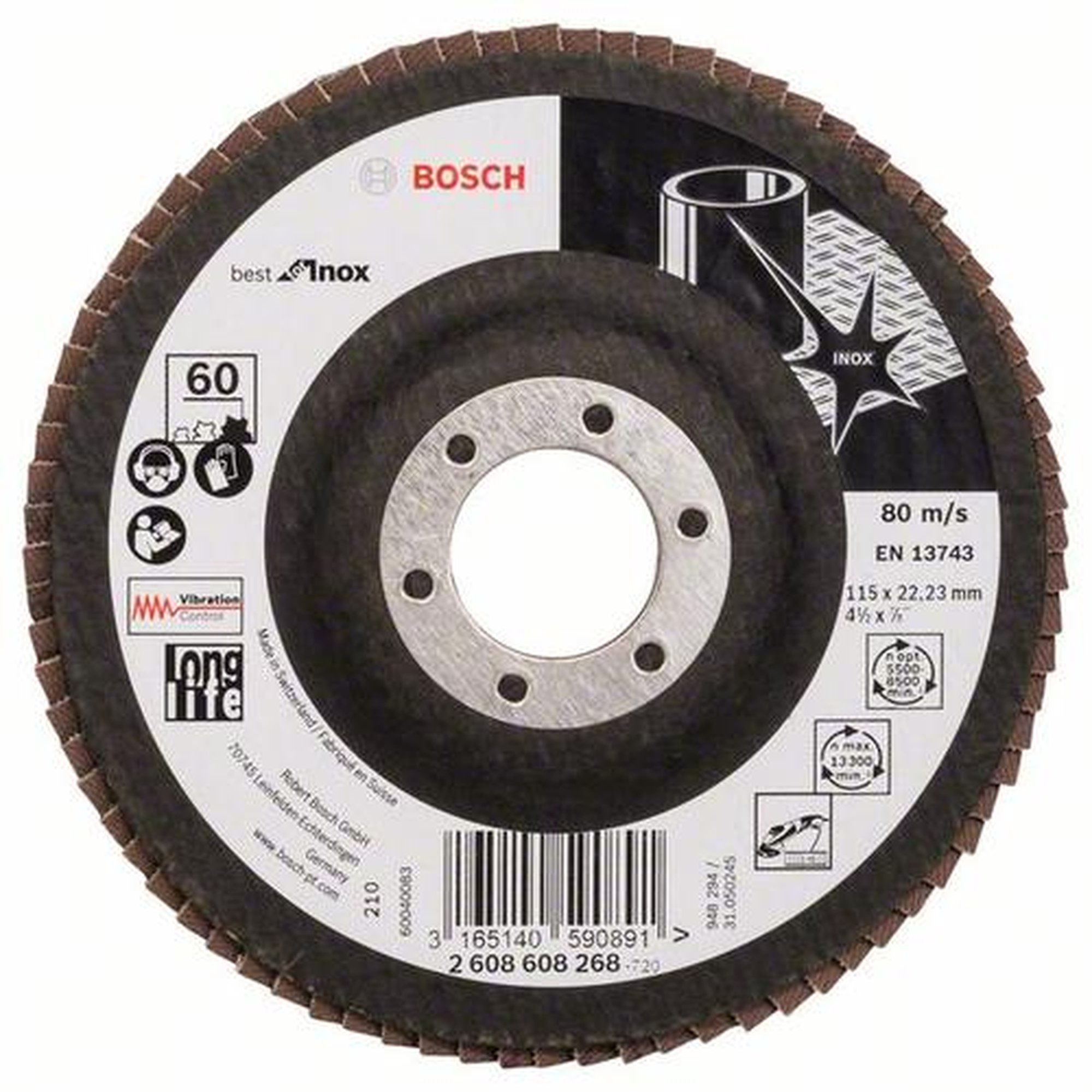 10x BOSCH Fächerschleifscheibe X581 Best für Edelstahl, gerade, Ø 115 mm, 60, Glasgewebe