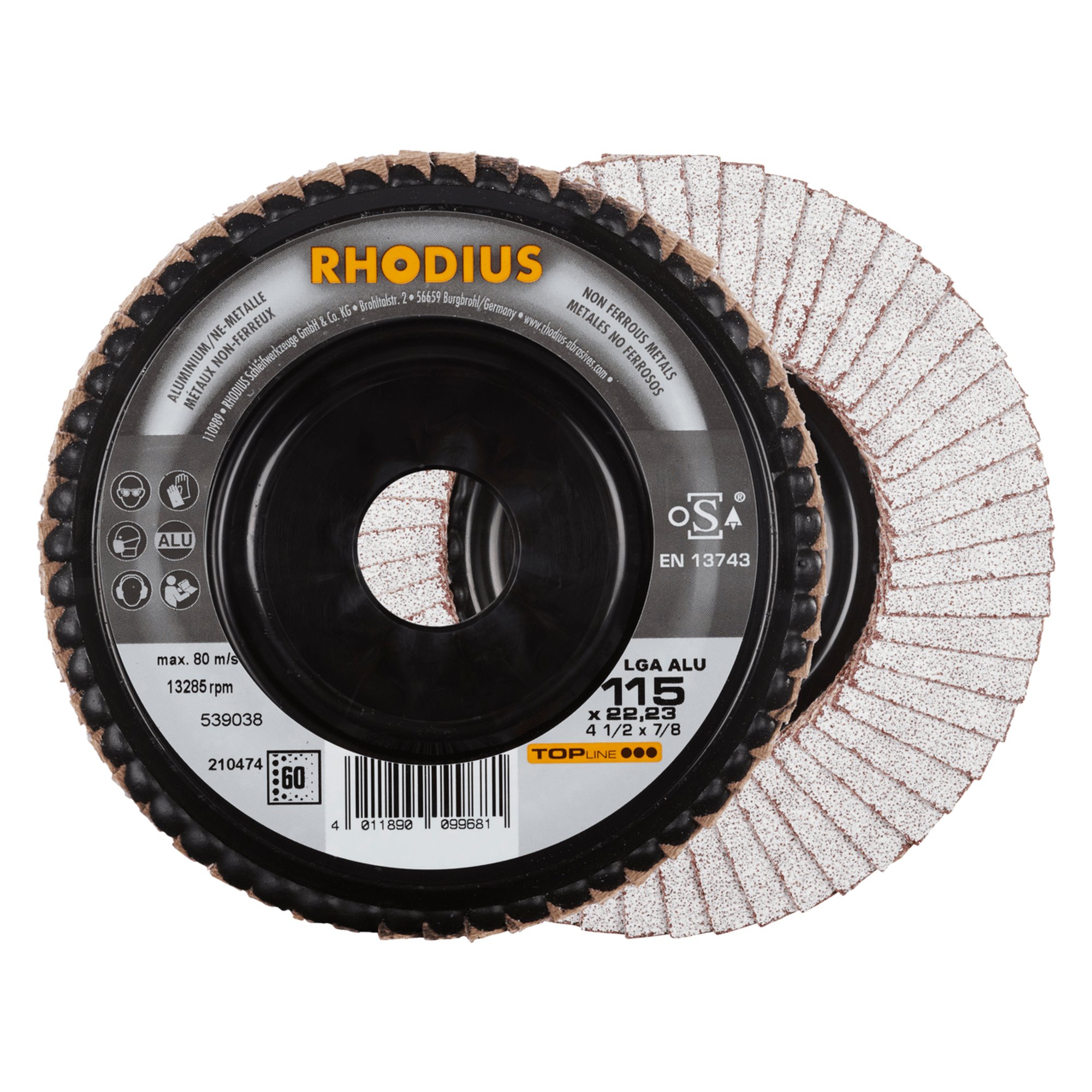 10 x RHODIUS Fächerschleifscheibe Fächerscheibe LGA ALU Ø 115 mm Korn 60