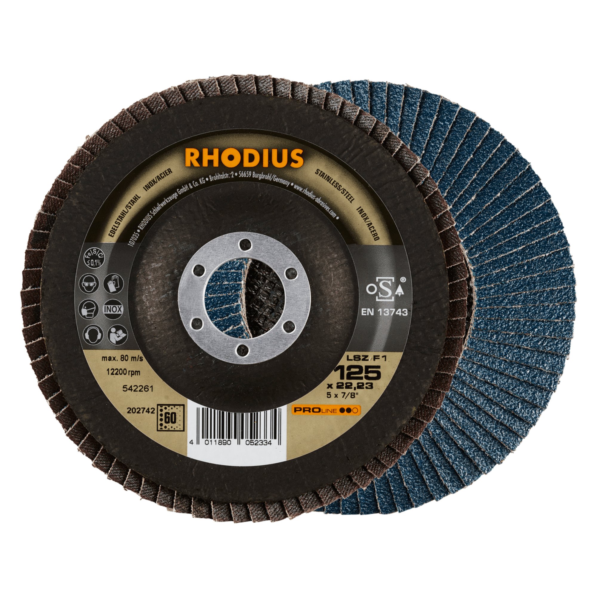 10 x RHODIUS Fächerschleifscheibe Fächerscheibe LSZ F1 Ø 125 mm Korn 60