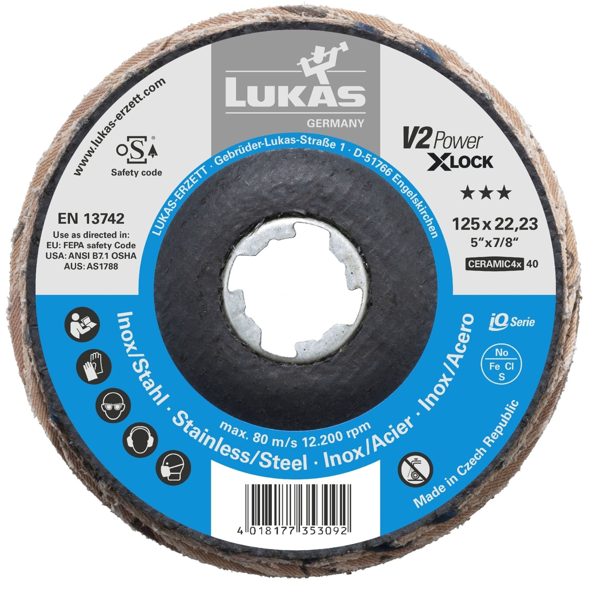 10x LUKAS Fächerschleifscheibe V2 POWER Ø 125 mm Ceramic Korn 40 | für X-Lock Winkelschleifer | flach