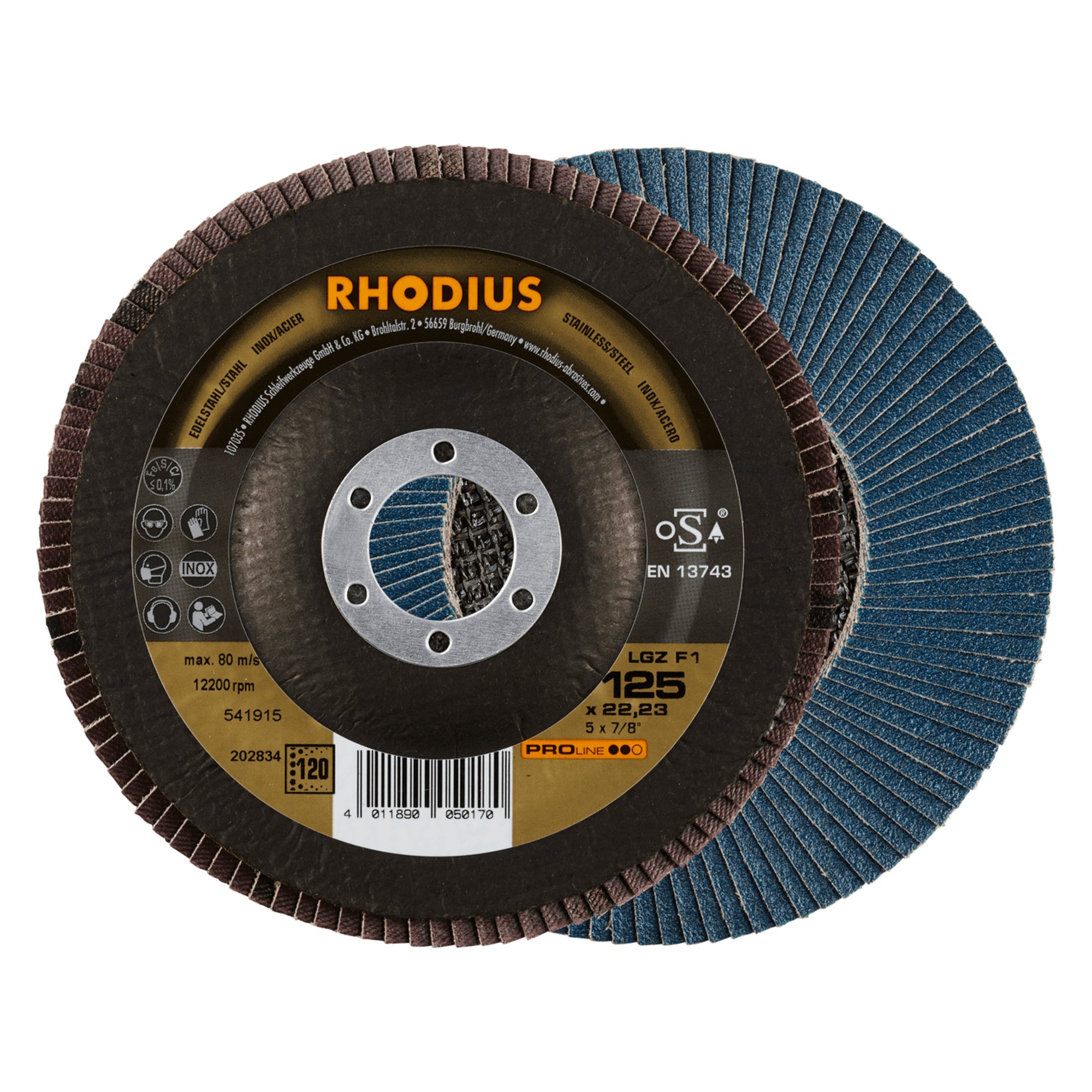 10 x RHODIUS Fächerschleifscheibe Fächerscheibe LGZ F1 Ø 125 mm Korn 120