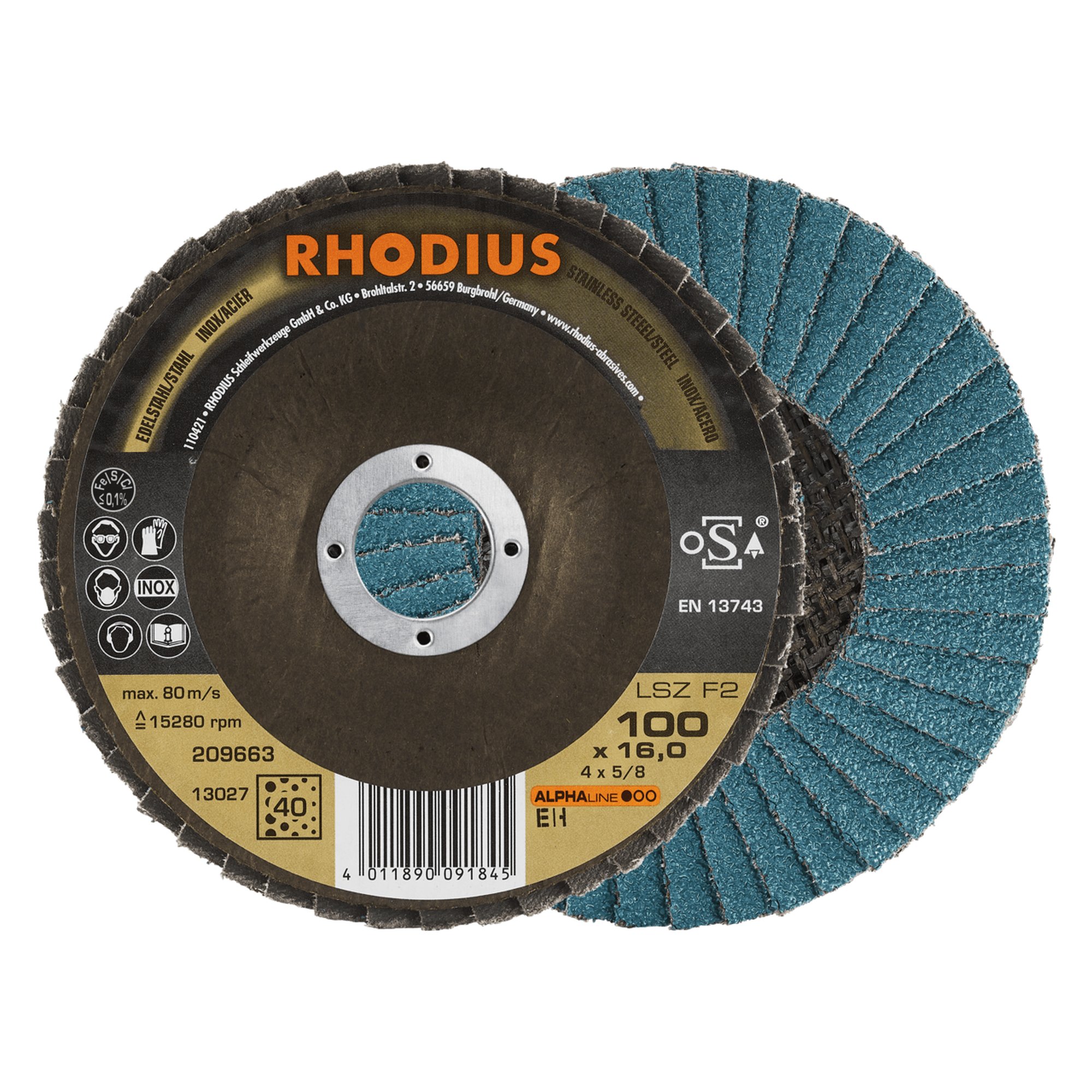 10 x RHODIUS Fächerschleifscheibe Fächerscheibe LSZ F2 Ø 100 mm Korn 40