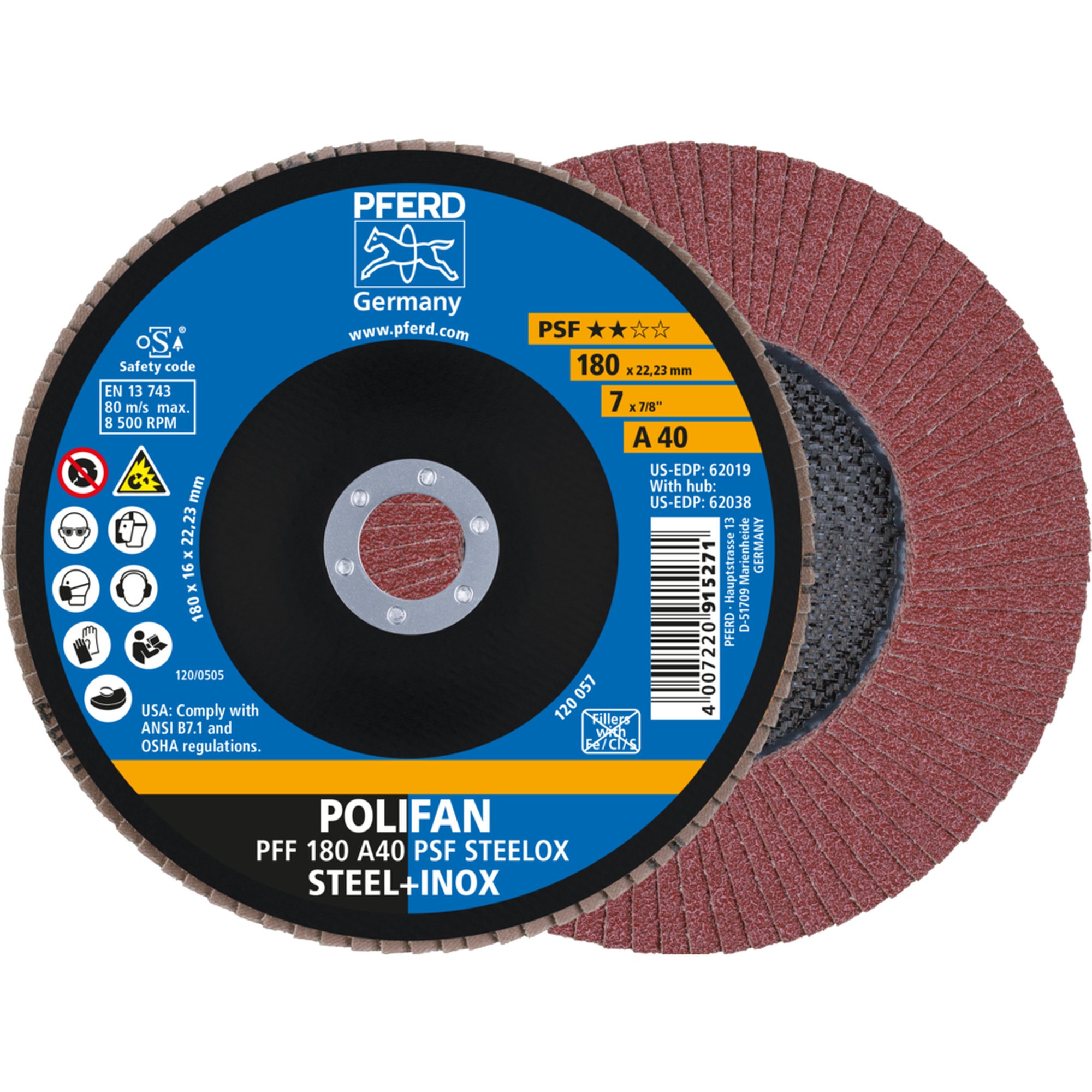 10 x PFERD POLIFAN-Fächerscheibe PFF 180 A 40 PSF STEELOX