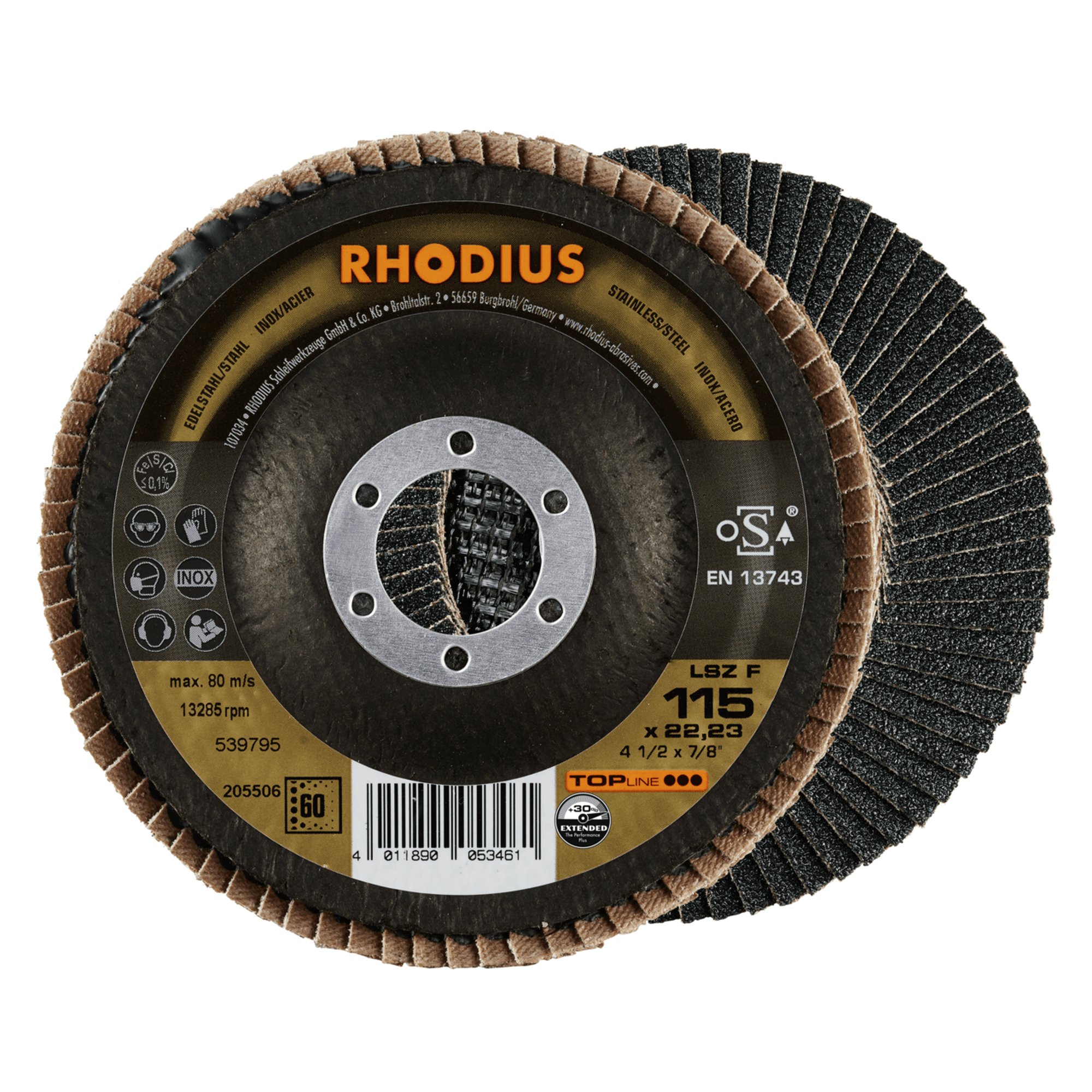 10 x RHODIUS Fächerschleifscheibe Fächerscheibe LSZ F Ø 115 mm Korn 60