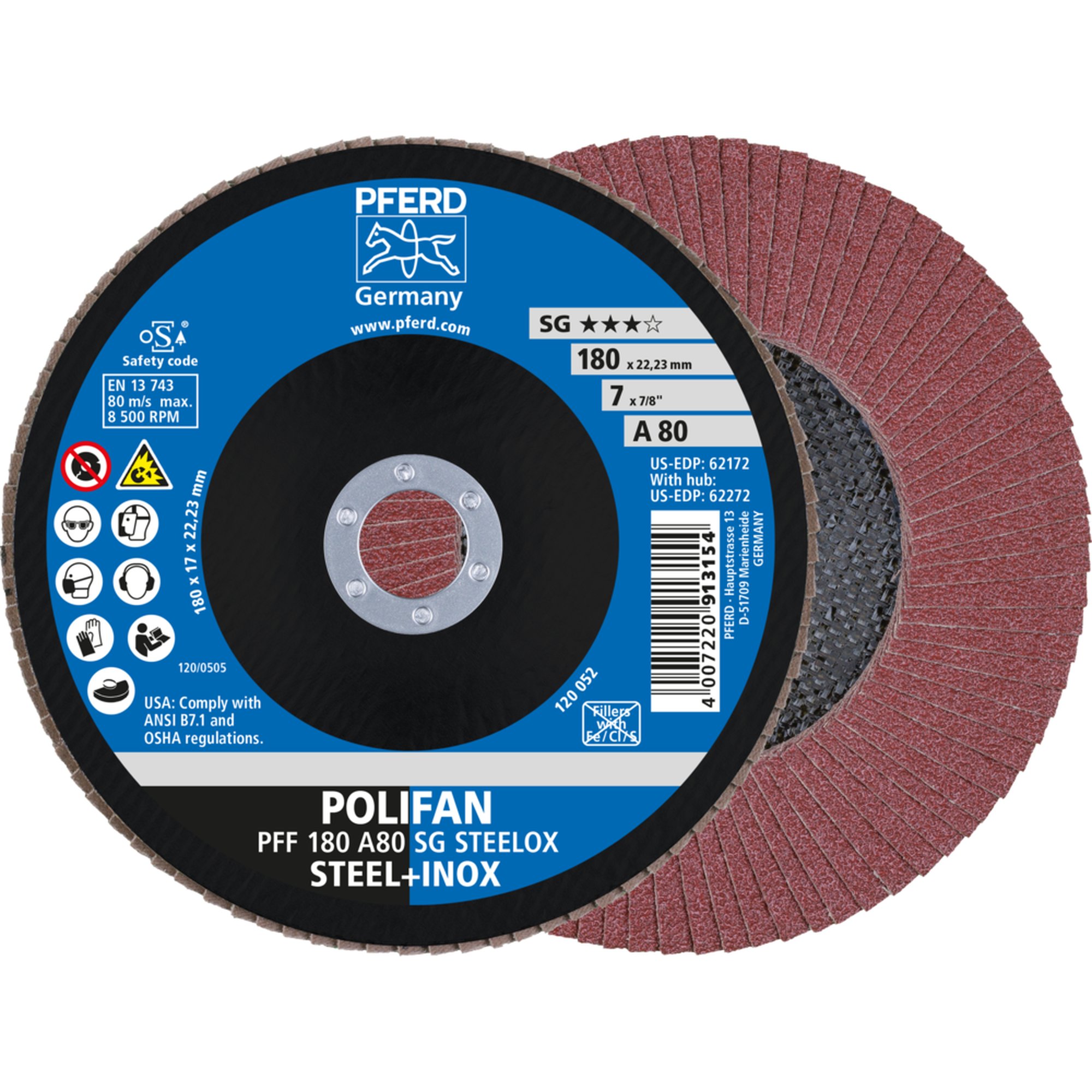 10 x PFERD POLIFAN-Fächerscheibe PFF 180 A 80 SG STEELOX