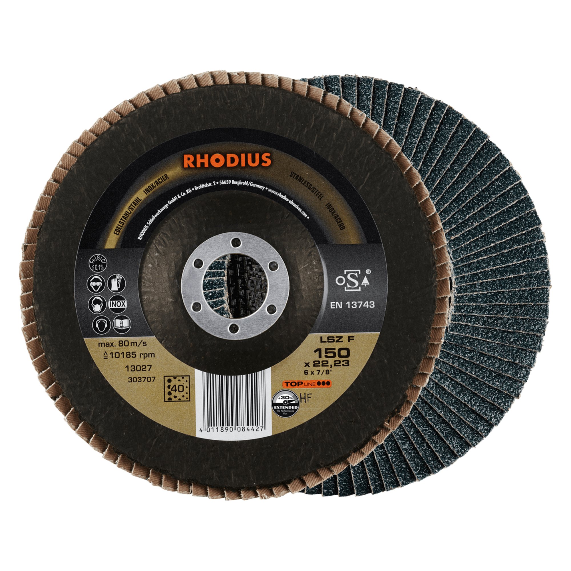 10 x RHODIUS Fächerschleifscheibe Fächerscheibe LSZ F Ø 150 mm Korn 40