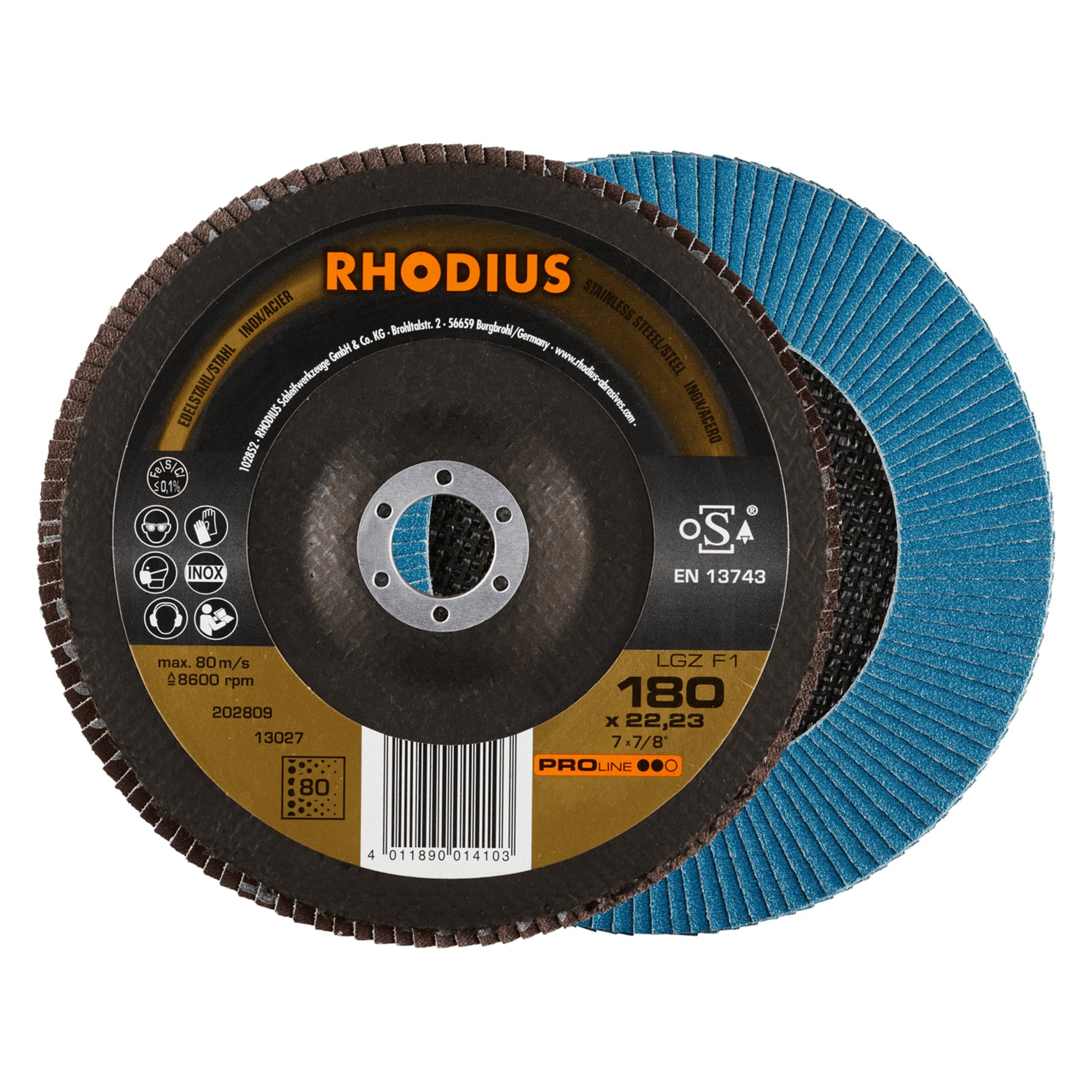 10 x RHODIUS Fächerschleifscheibe Fächerscheibe LGZ F1 Ø 180 mm Korn 80