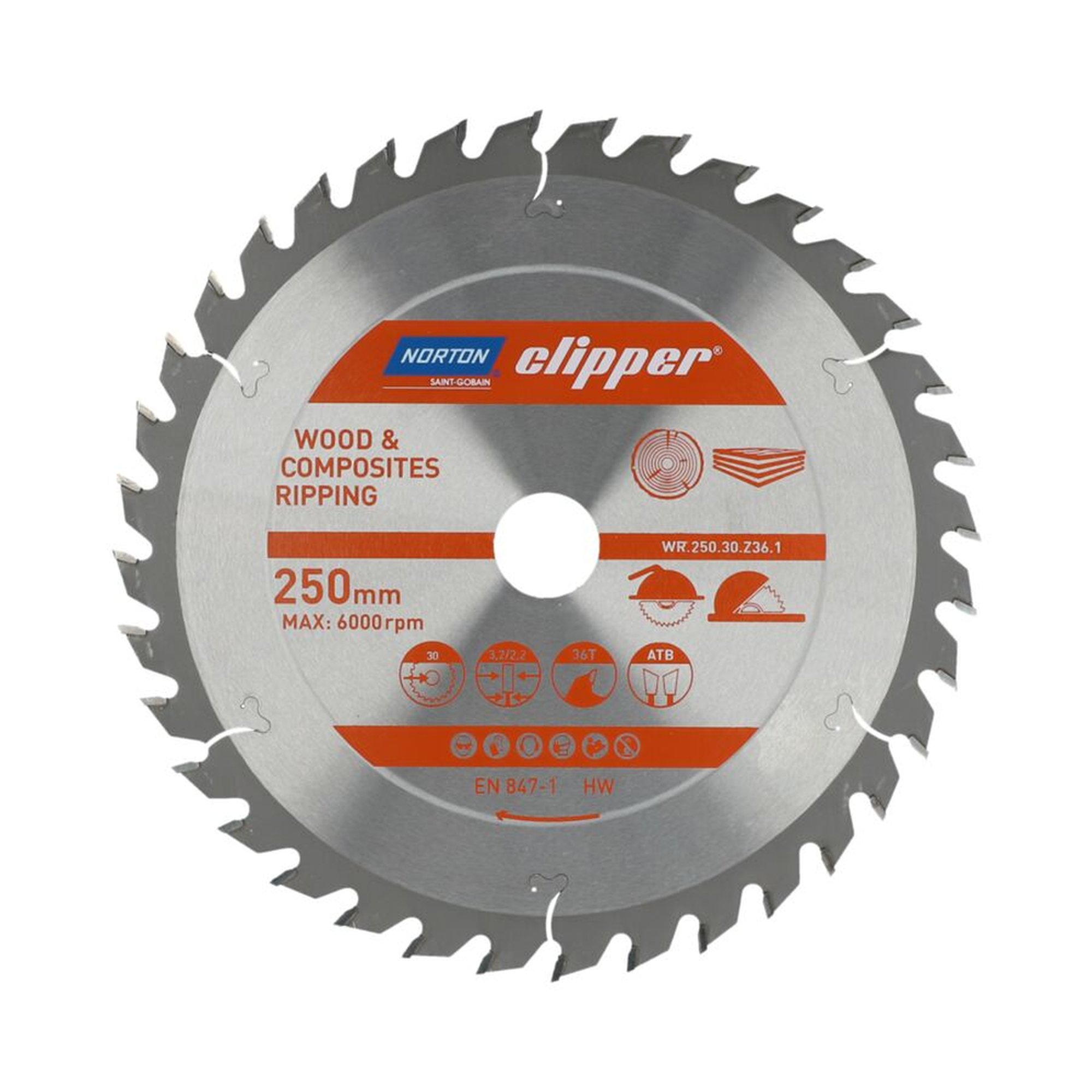 Norton Clipper TCT-Sägeblatt 250x3.2mm für Holz, 30mm Bohrung, Ripping