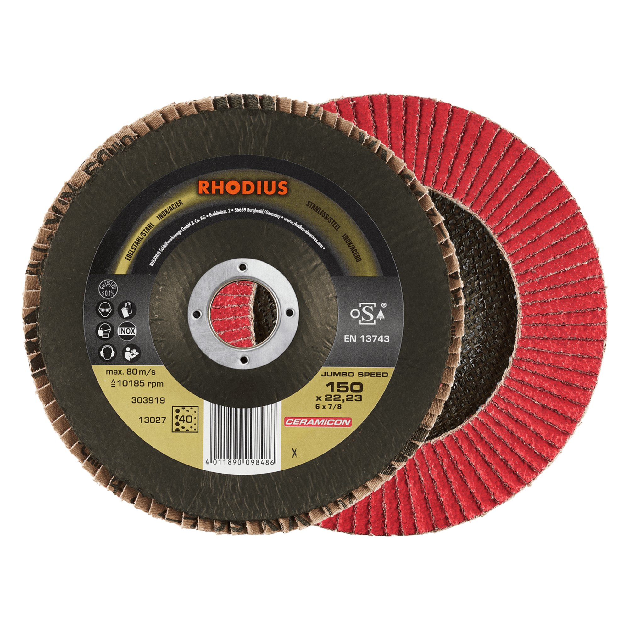 10 x RHODIUS Fächerschleifscheibe Fächerscheibe JUMBO SPEED Ø 150 mm Korn 40