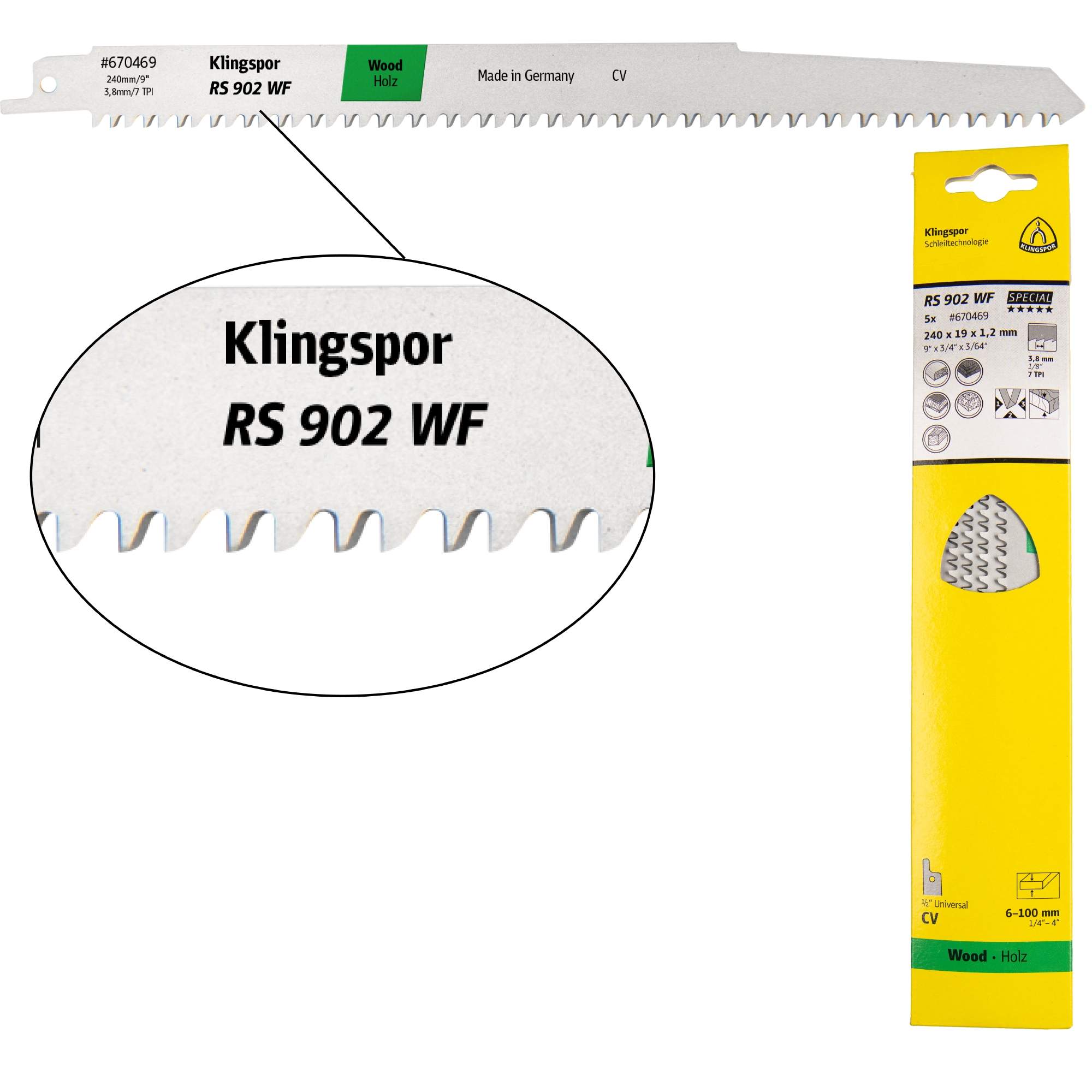 5 x Klingspor RS 902 WF Säbelsägeblätter 240 x 19 x 1,2 mm Nutzlänge 210Crom-Vanadium kreuzgeschliffen, konisch, 7 Zähne pro Zoll