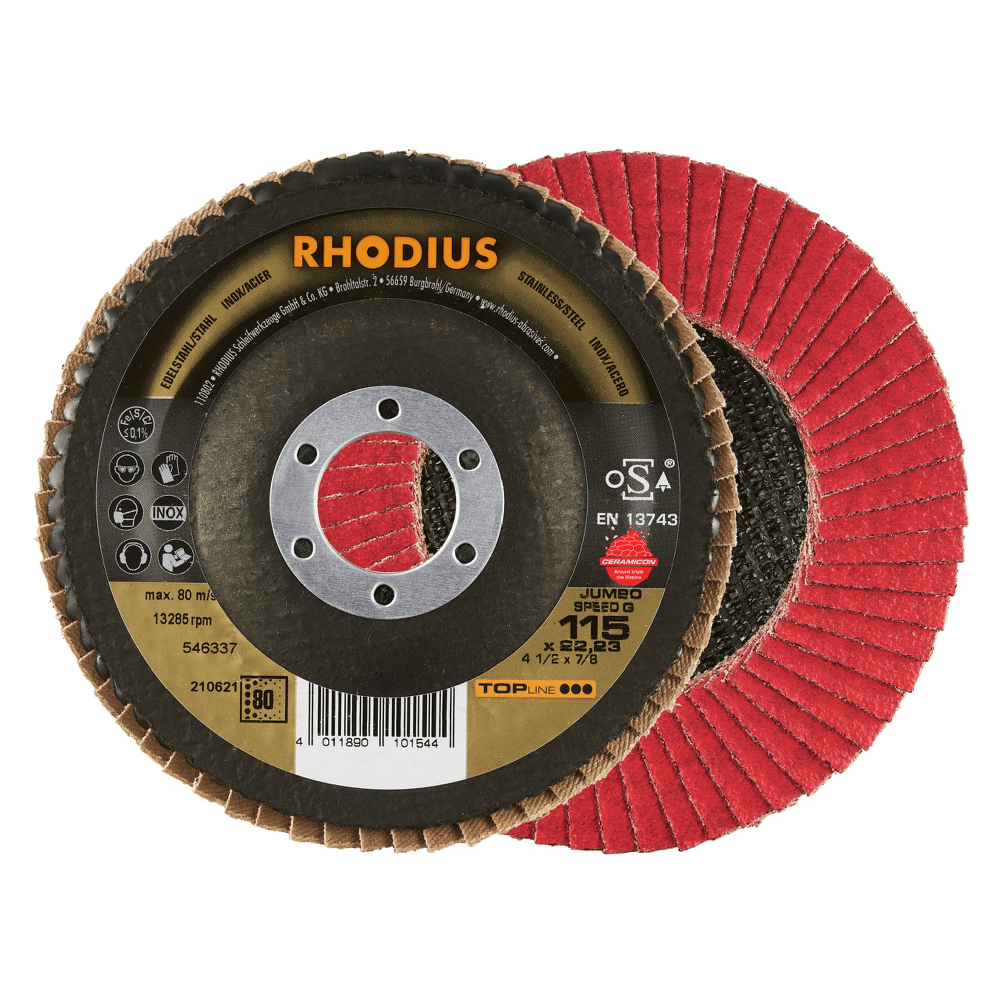 10 x RHODIUS Fächerschleifscheibe Fächerscheibe JUMBO SPEED G Ø 115 mm Korn 80