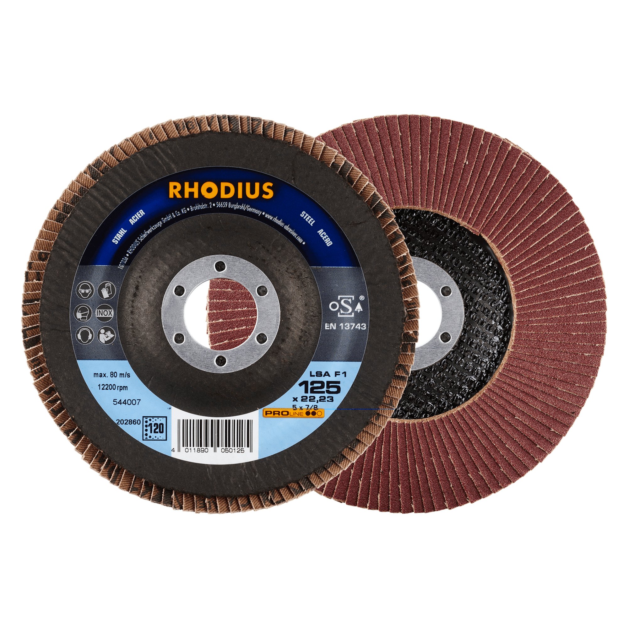 10 x RHODIUS Fächerschleifscheibe Fächerscheibe LSA F1 Ø 125 mm Korn 120