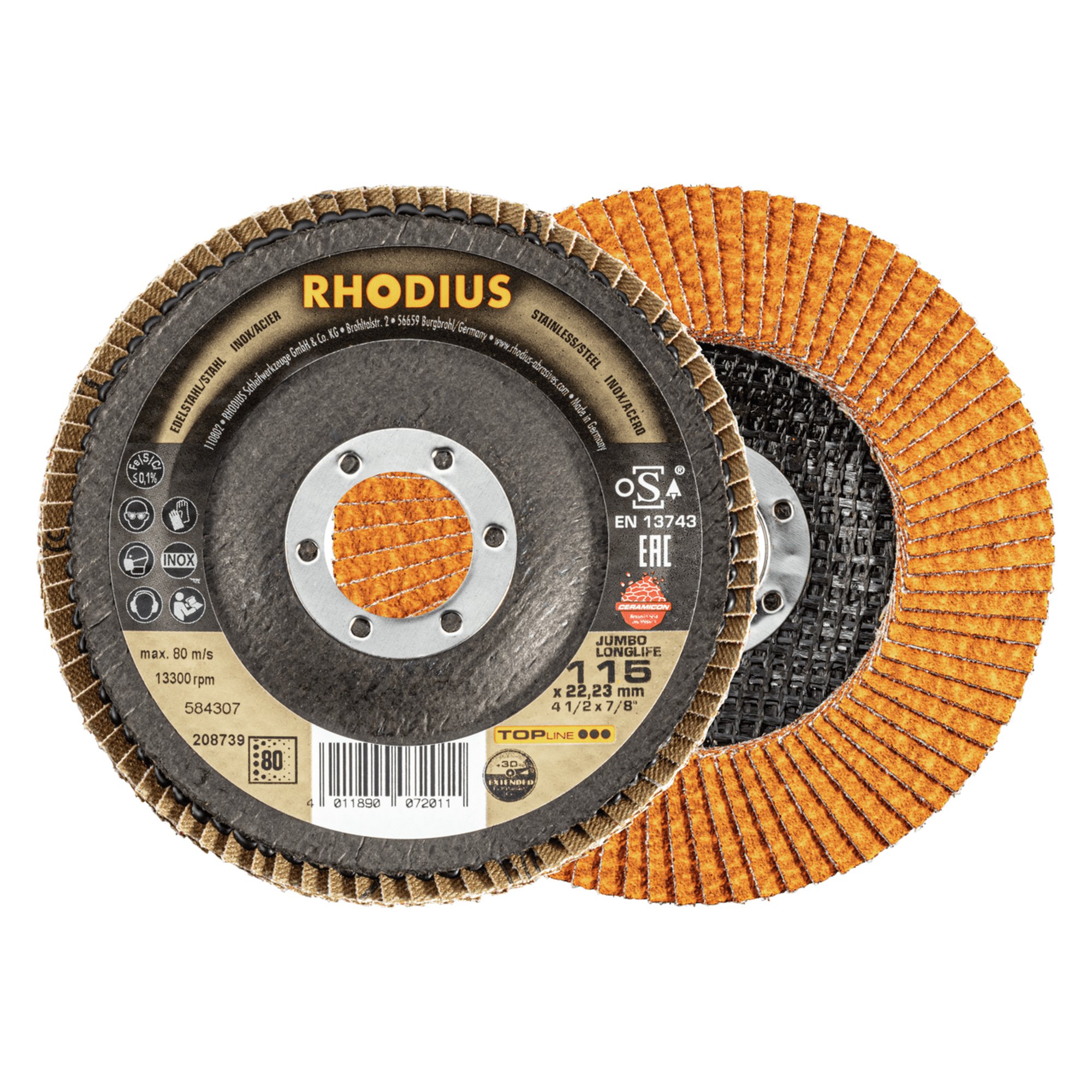 10 x RHODIUS Fächerschleifscheibe Fächerscheibe JUMBO LONGLIFE Ø 115 mm Korn 80