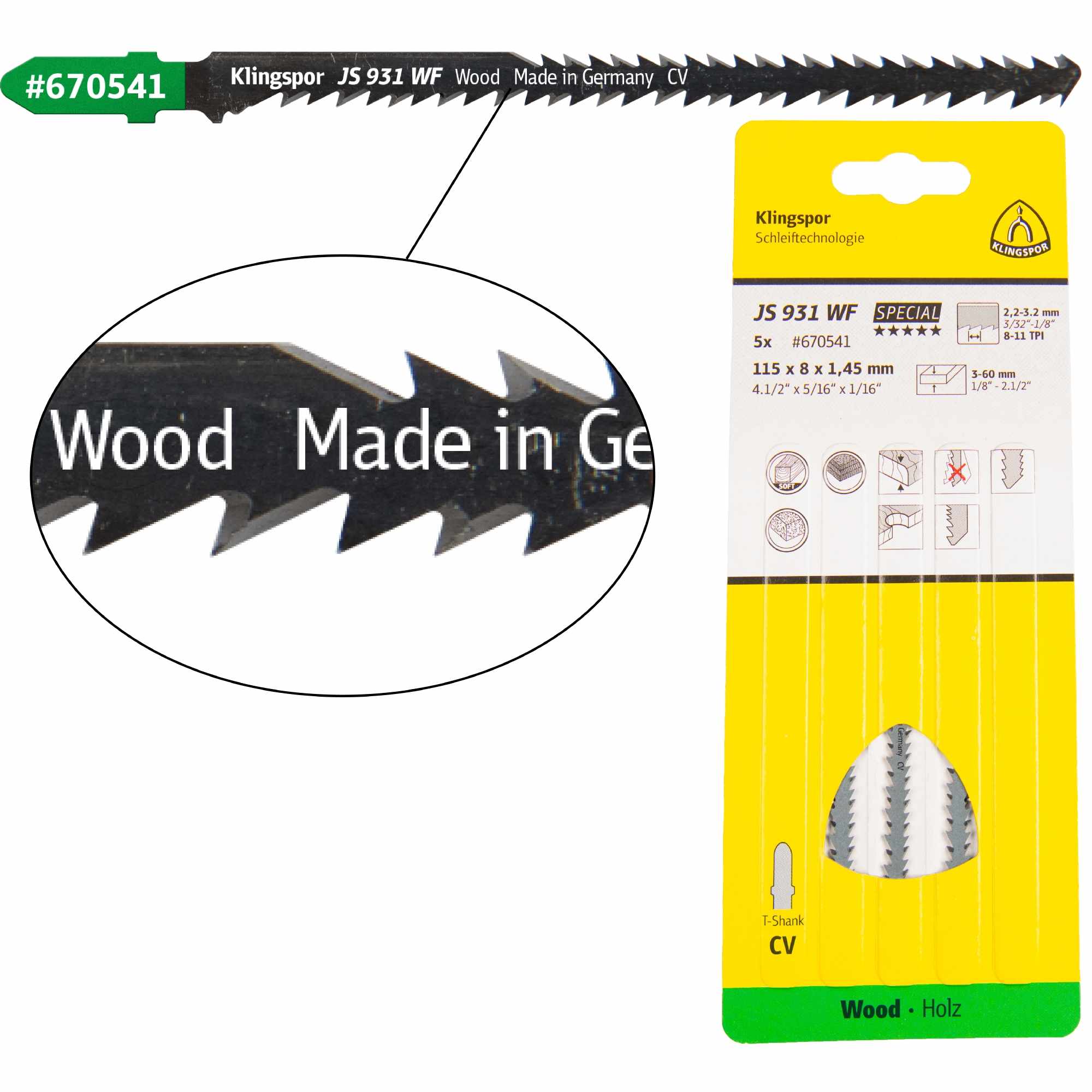 5 x Klingspor JS 931 WF Stichsägeblätter 115 x 5 x 1,45 mm Nutzlänge 95Crom-Vanadium kreuzgeschliffen, konisch, 8-11 Zähne pro Zoll