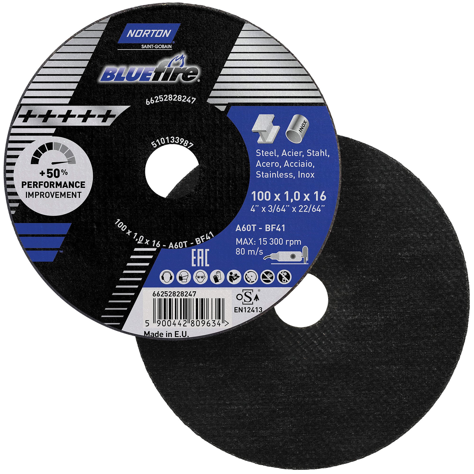 Norton Blue Fire für Winkelschleifer METALL/ INOX Trennscheiben | 100 x 1 x 16 mm