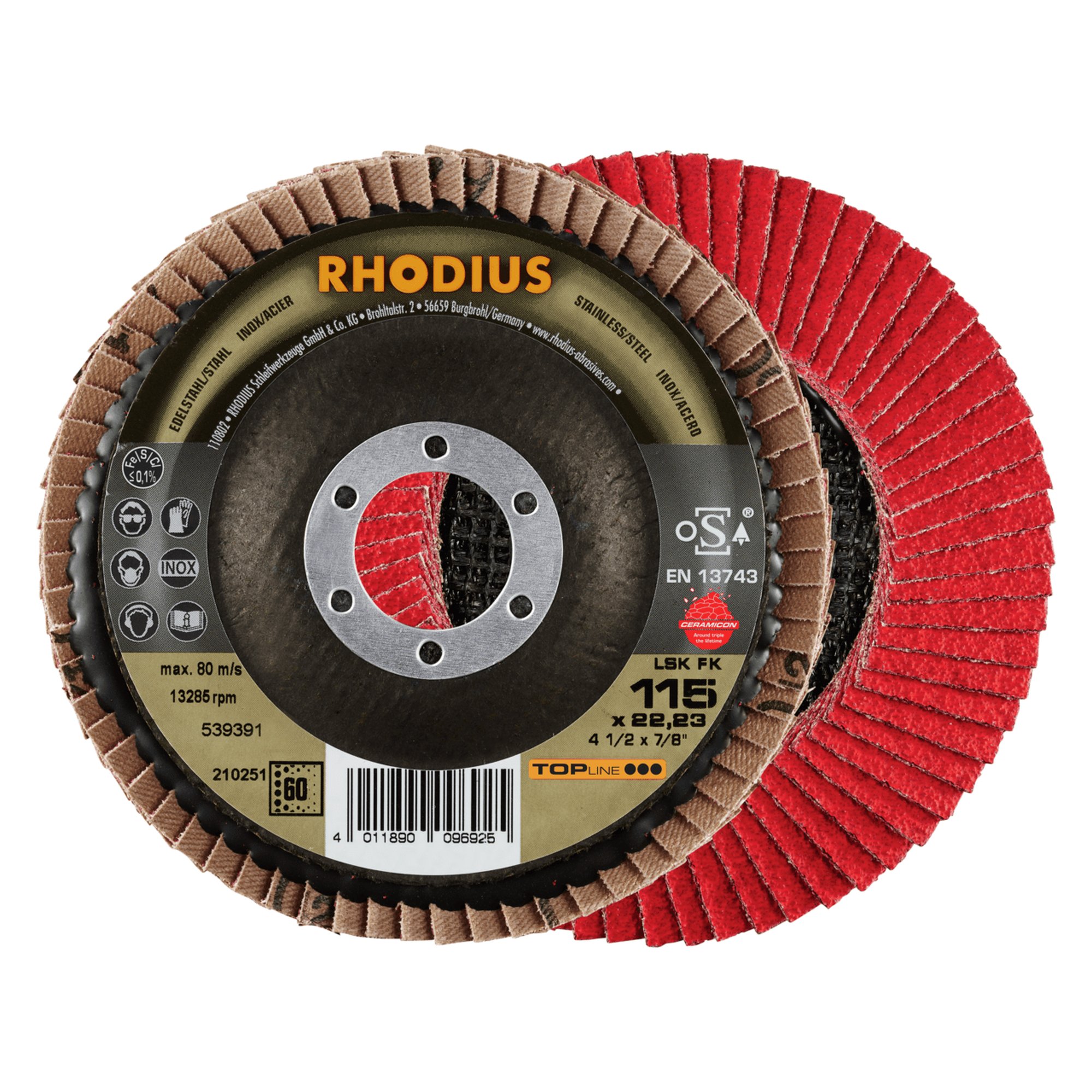 10 x RHODIUS Fächerschleifscheibe Fächerscheibe LSK FK Ø 115 mm Korn 60