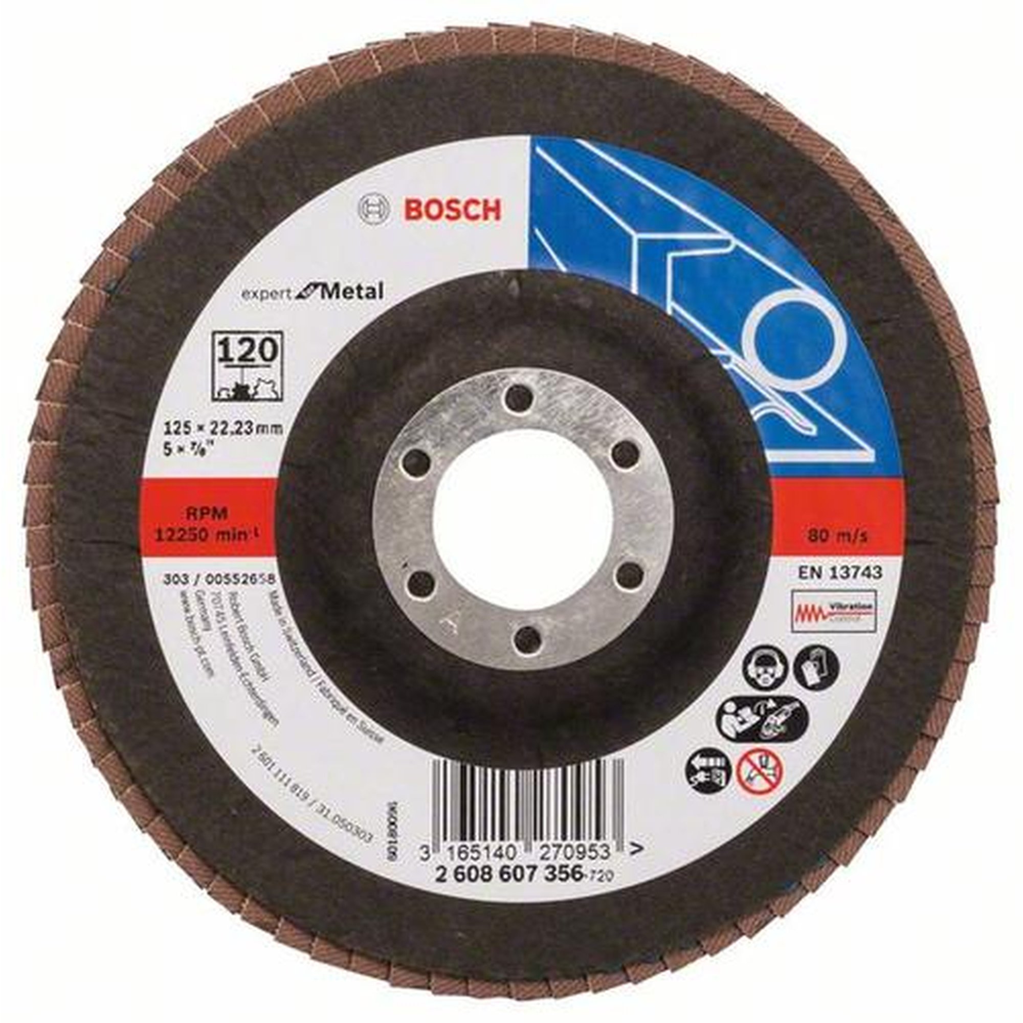 10x BOSCH Fächerschleifscheibe X551 Expert für Metall, gerade, Ø 125 mm, 120, Glasgewebe