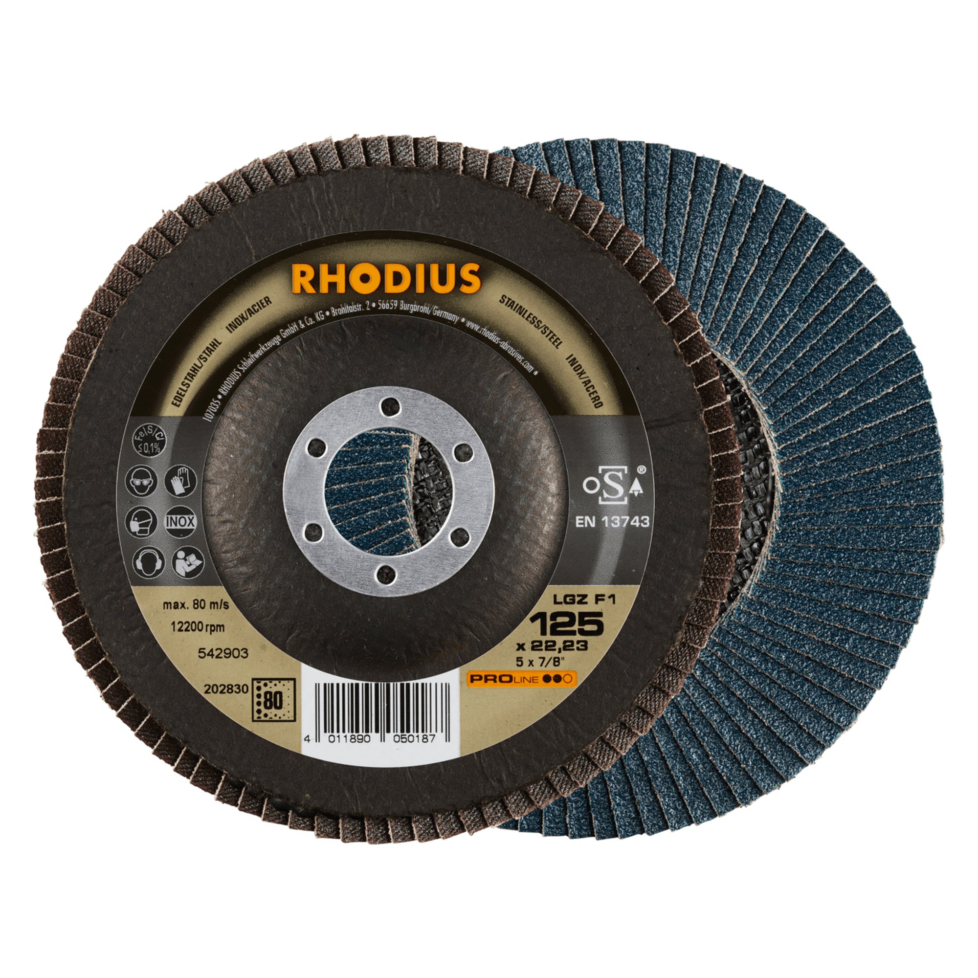 10 x RHODIUS Fächerschleifscheibe Fächerscheibe LGZ F1 Ø 125 mm Korn 80