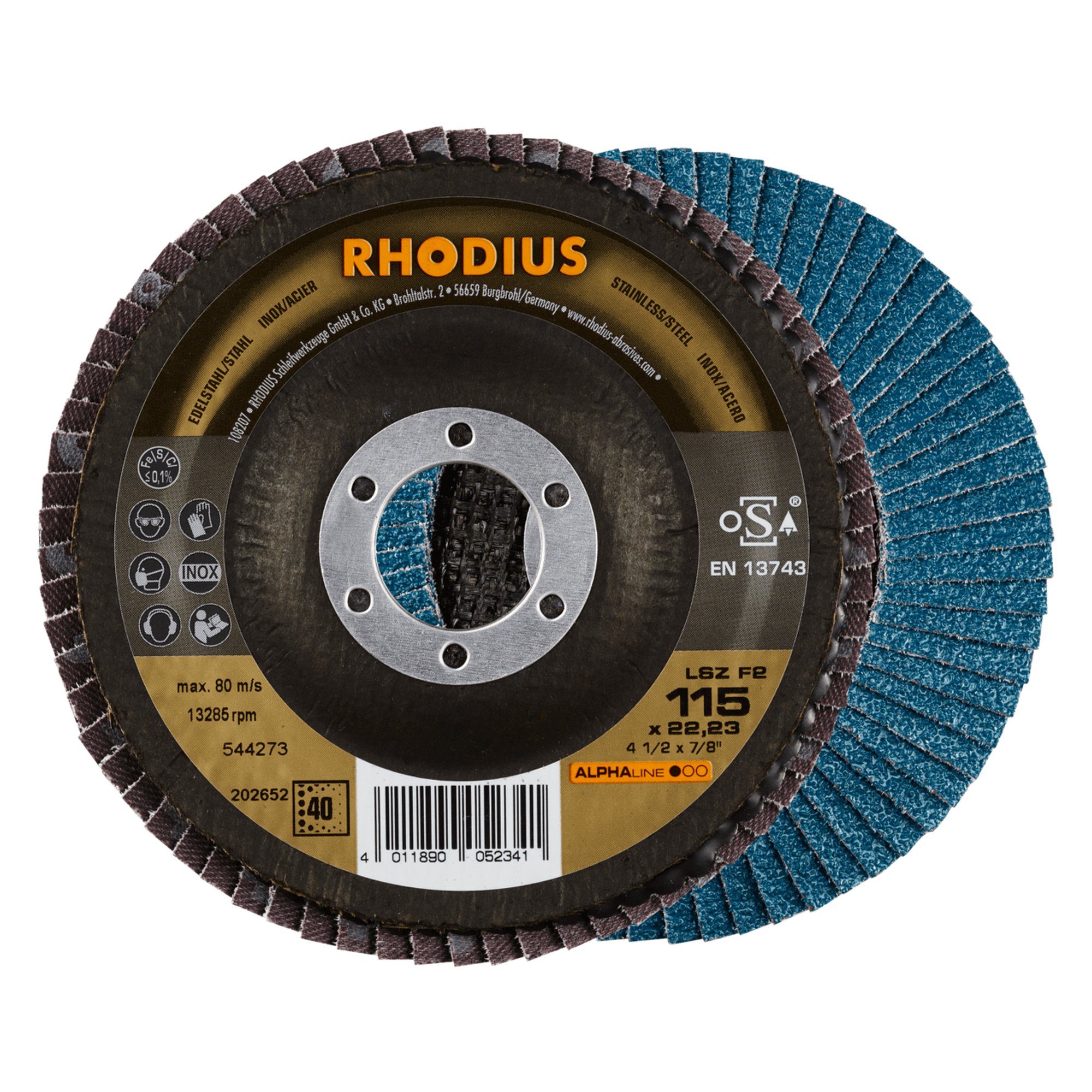 10 x RHODIUS Fächerschleifscheibe Fächerscheibe LSZ F2 Ø 115 mm Korn 40