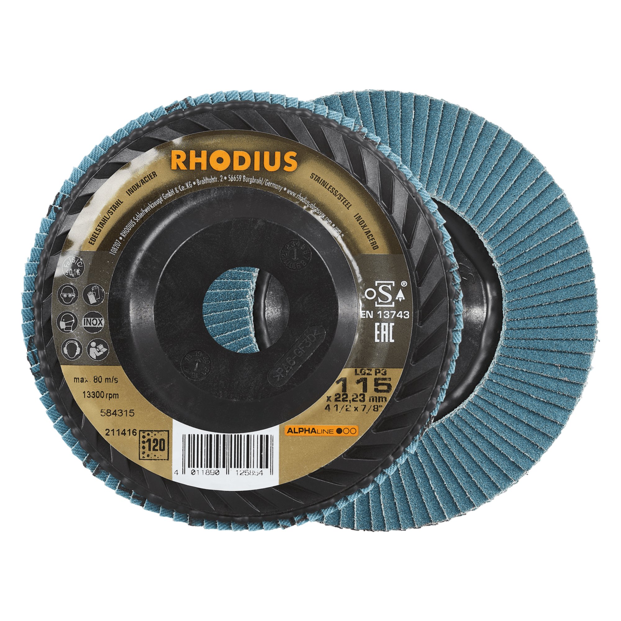 10 x RHODIUS Fächerschleifscheibe Fächerscheibe LGZ P3 Ø 115 mm Korn 120