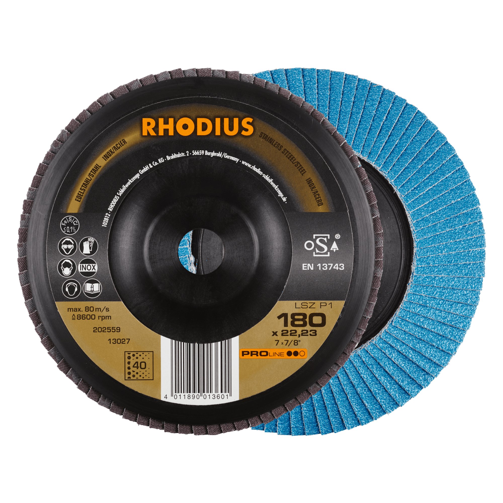 10 x RHODIUS Fächerschleifscheibe Fächerscheibe LSZ P1 Ø 180 mm Korn 40