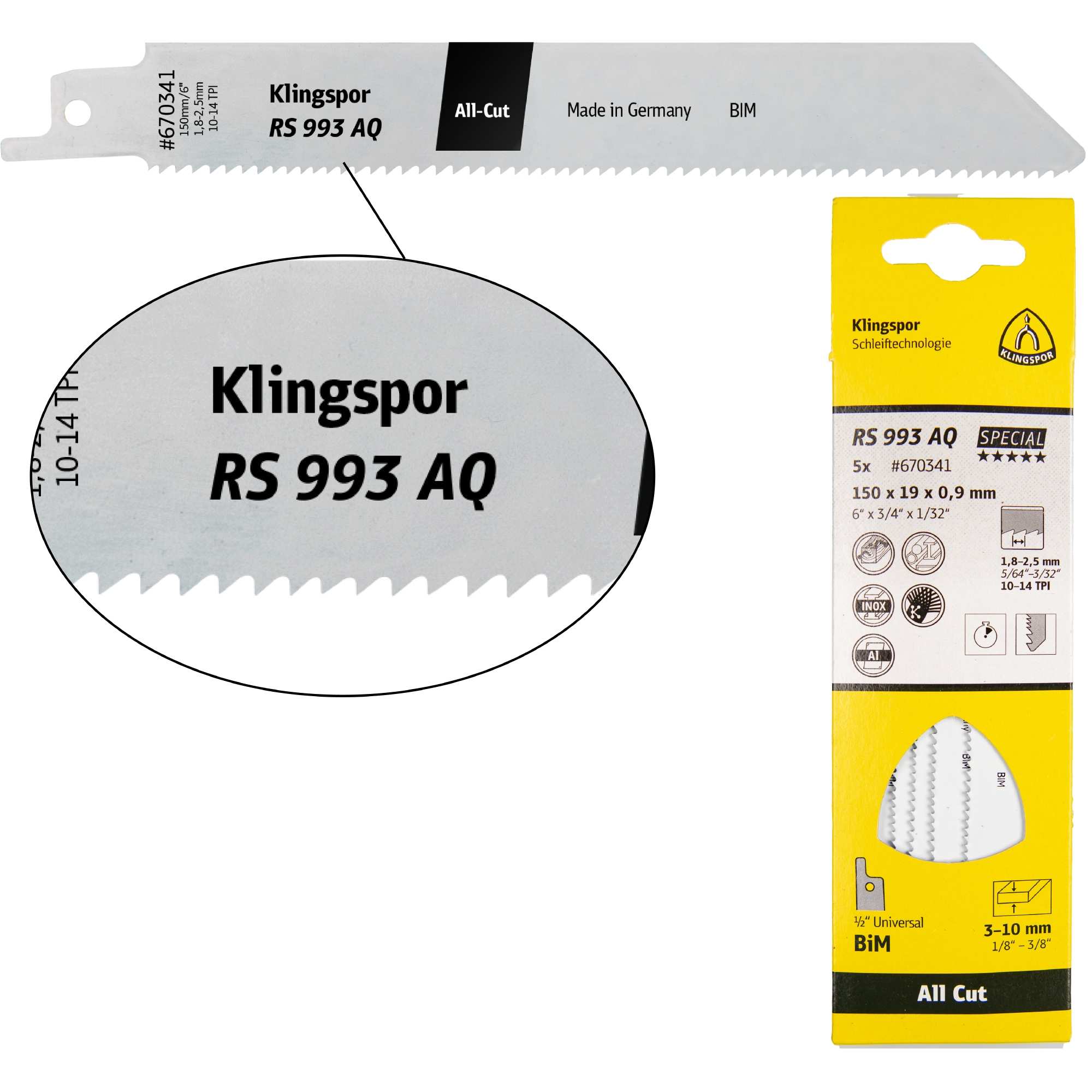 5 x Klingspor RS 993 AQ Säbelsägeblätter 150 x 19 x 0,9 mm Nutzlänge 130Bi-Metall gefräst, geschränkt, 10-14 Zähne pro Zoll