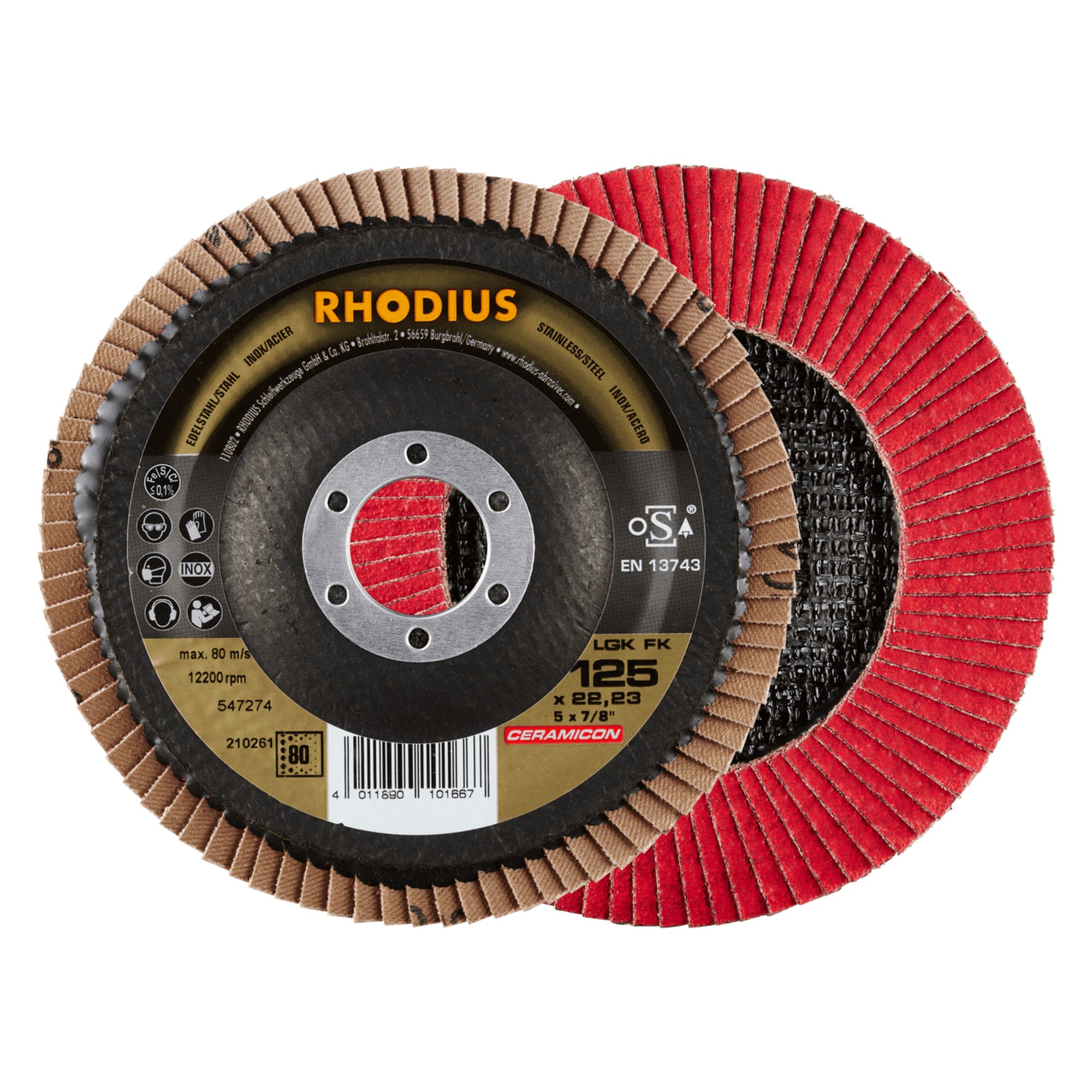 10 x RHODIUS Fächerschleifscheibe Fächerscheibe LGK FK Ø 125 mm Korn 80