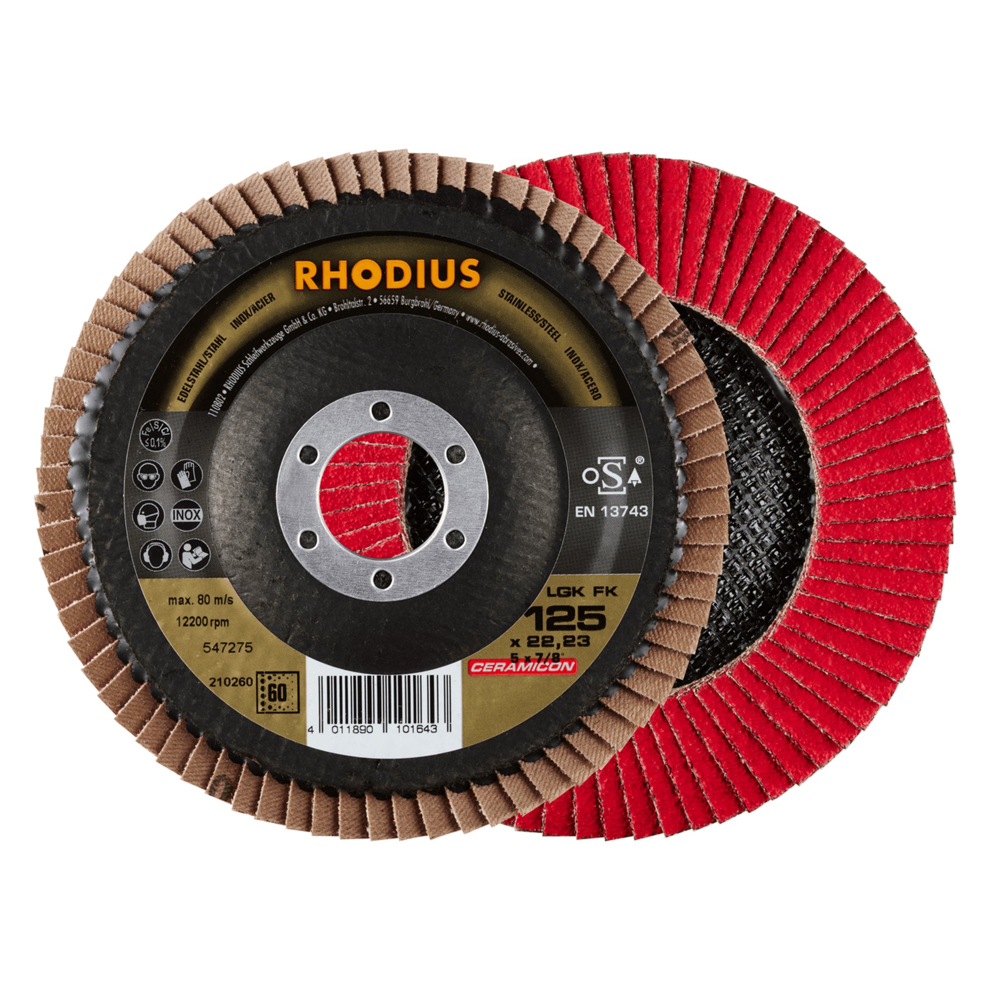 10 x RHODIUS Fächerschleifscheibe Fächerscheibe LGK FK Ø 125 mm Korn 60