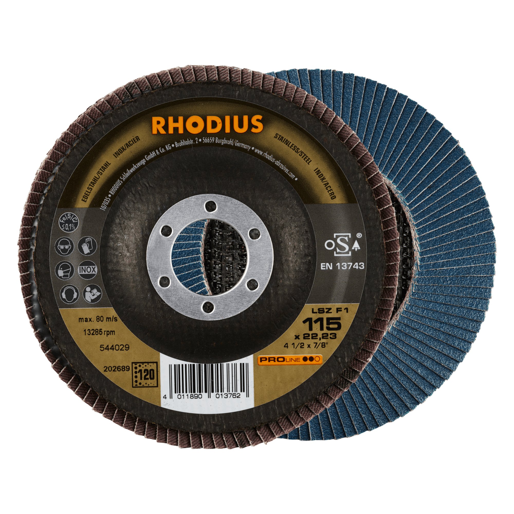 10 x RHODIUS Fächerschleifscheibe Fächerscheibe LSZ F1 Ø 115 mm Korn 120