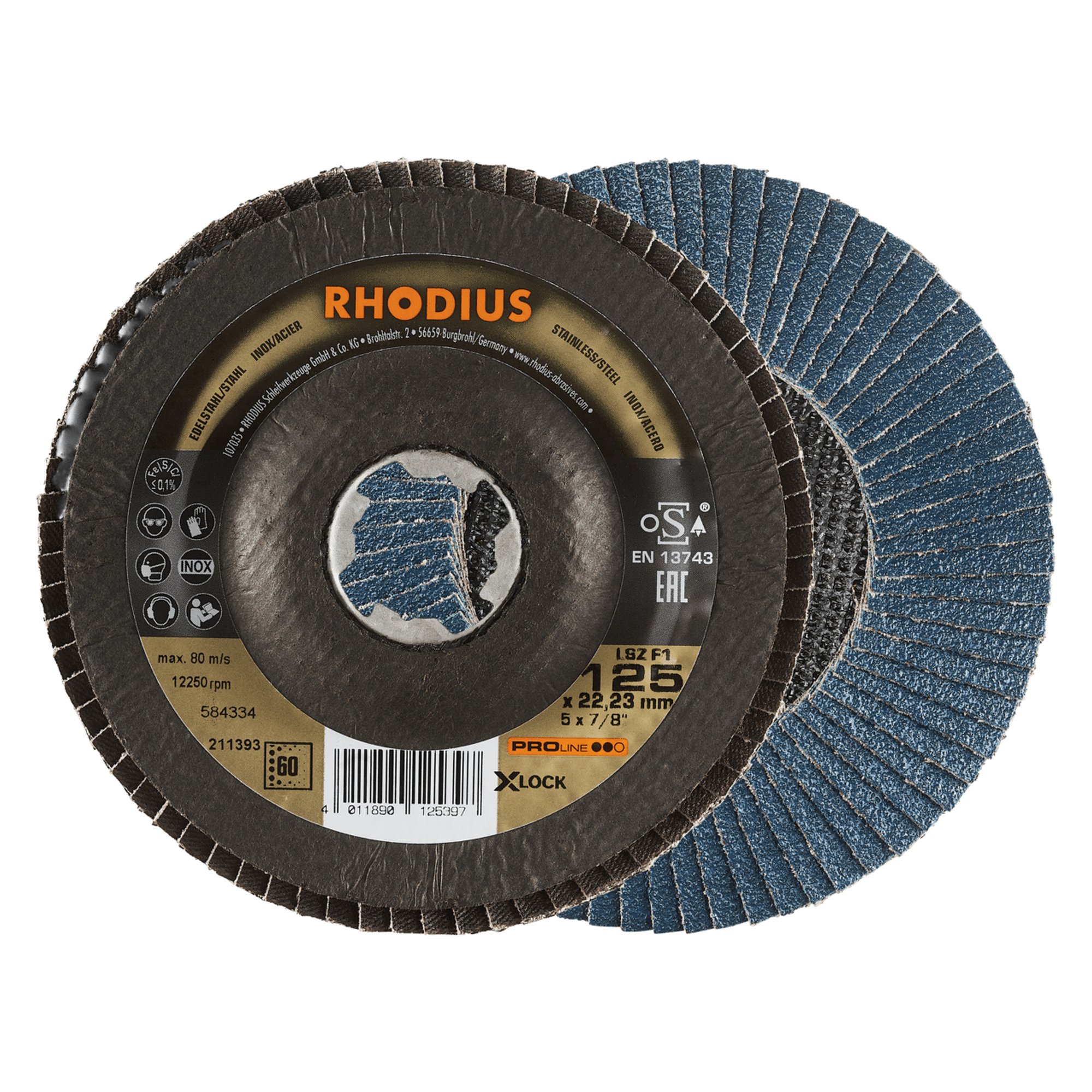 10 x RHODIUS Fächerschleifscheibe Fächerscheibe LSZ F1 X-LOCK Ø 125 mm Korn 60