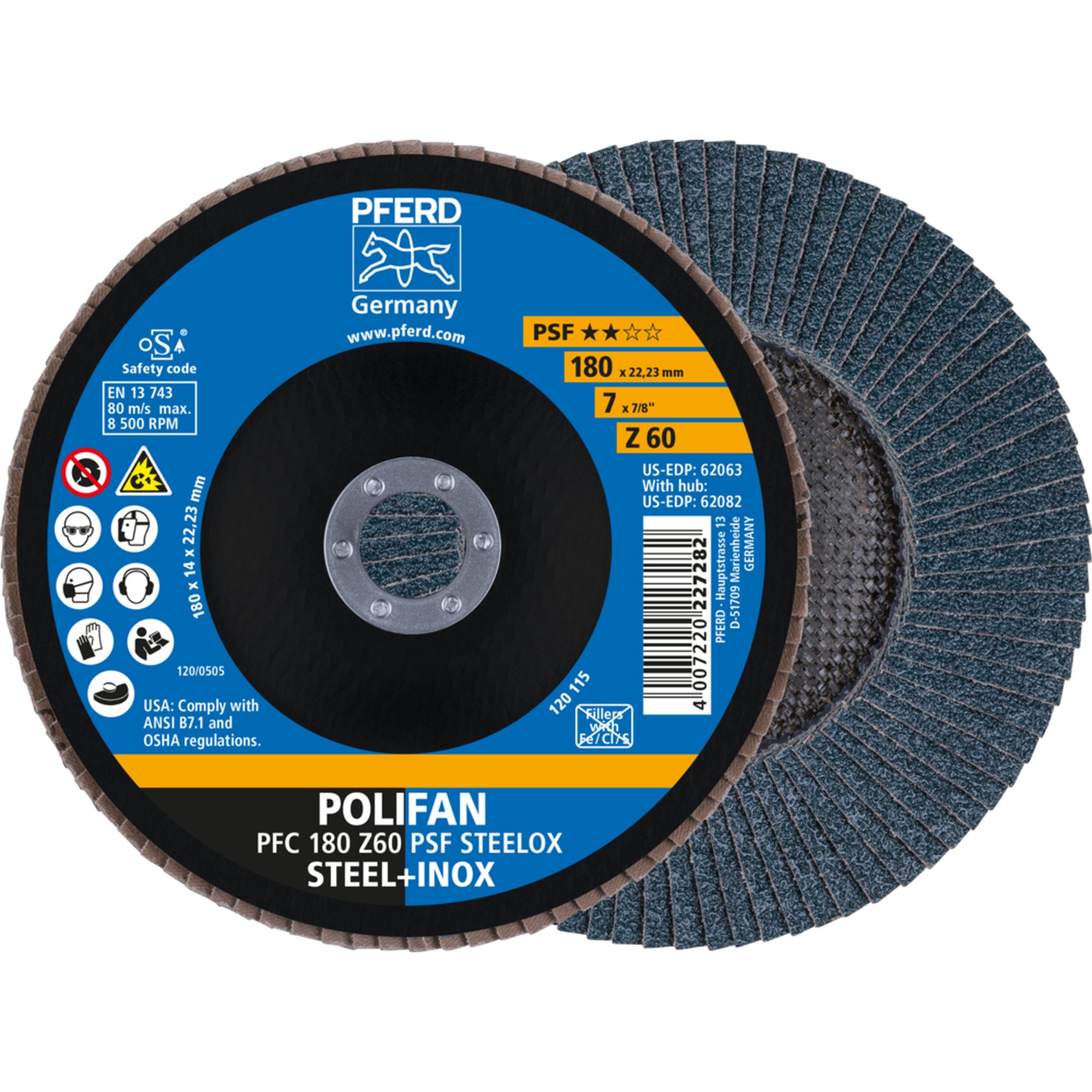 10 x PFERD POLIFAN-Fächerscheibe PFC 180 Z 60 PSF STEELOX