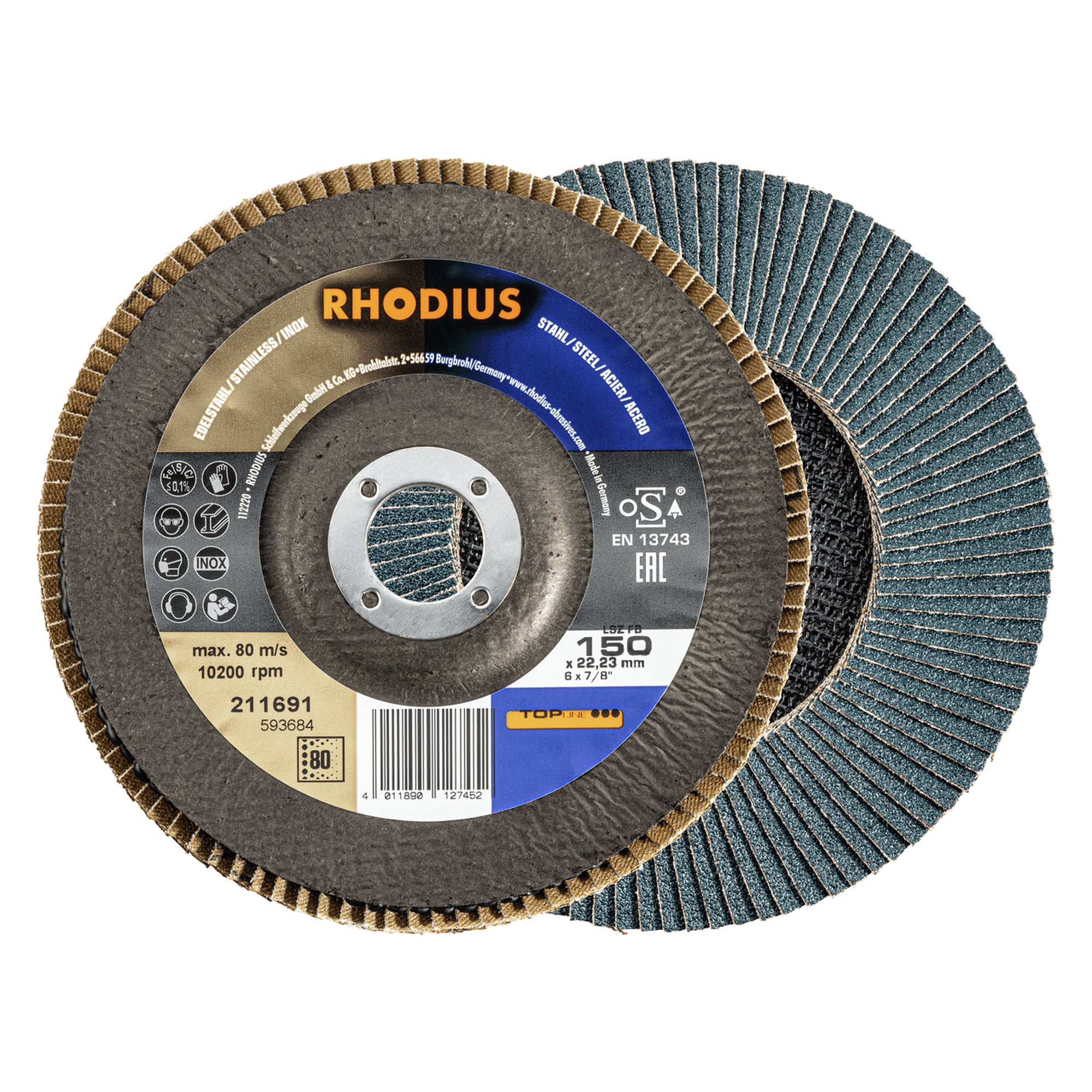 10 x RHODIUS Fächerschleifscheibe Fächerscheibe LSZ FB Ø 150 mm Korn 80