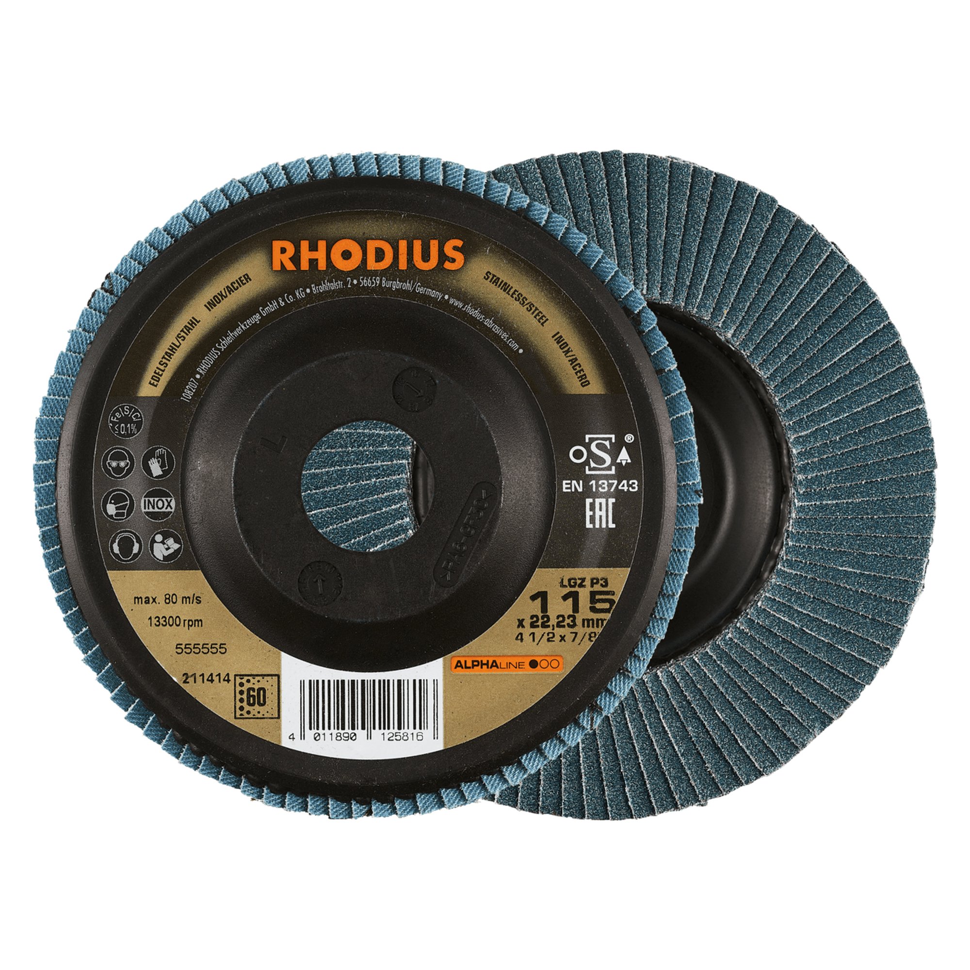 10 x RHODIUS Fächerschleifscheibe Fächerscheibe LGZ P3 Ø 115 mm Korn 60