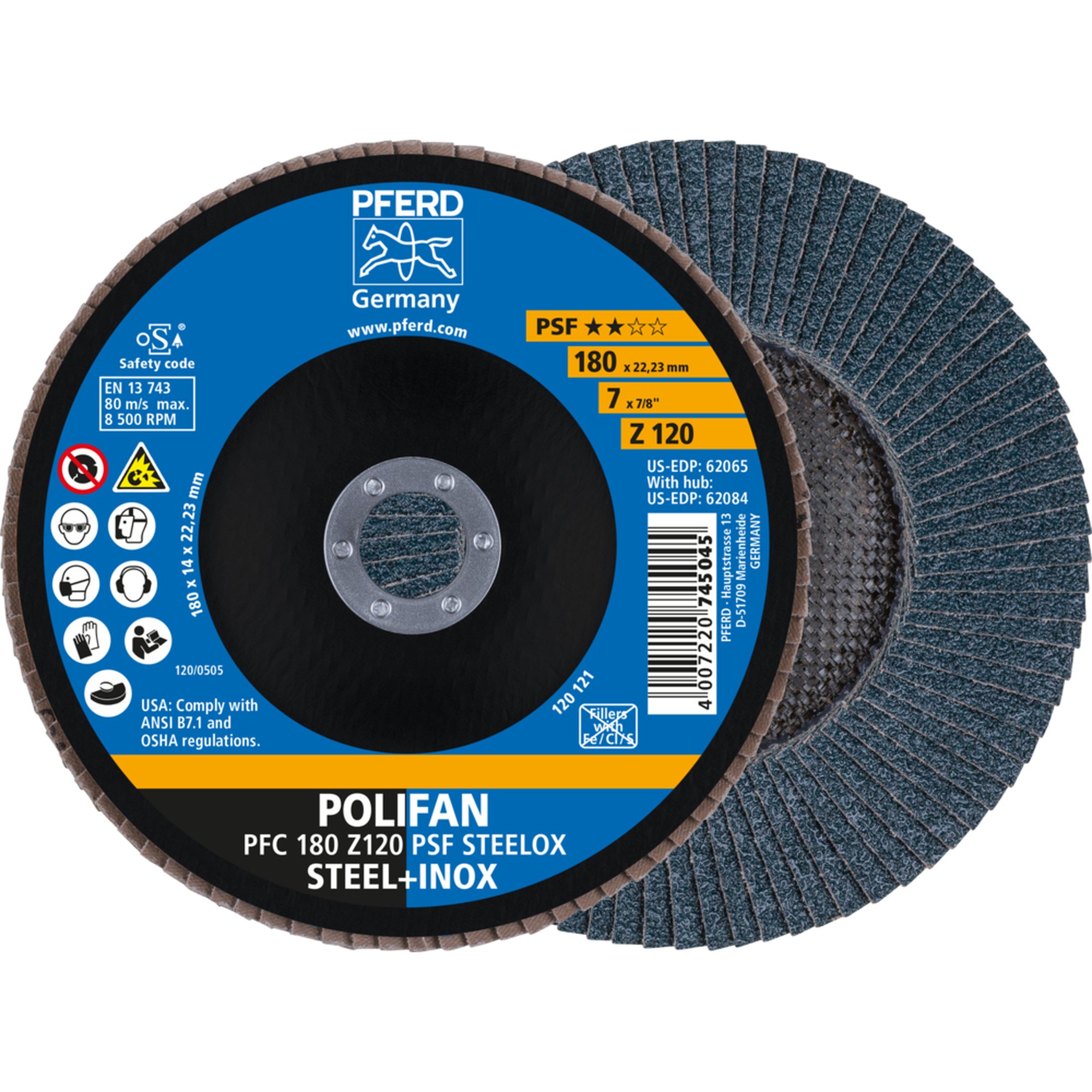 10 x PFERD POLIFAN-Fächerscheibe PFC 180 Z 120 PSF STEELOX